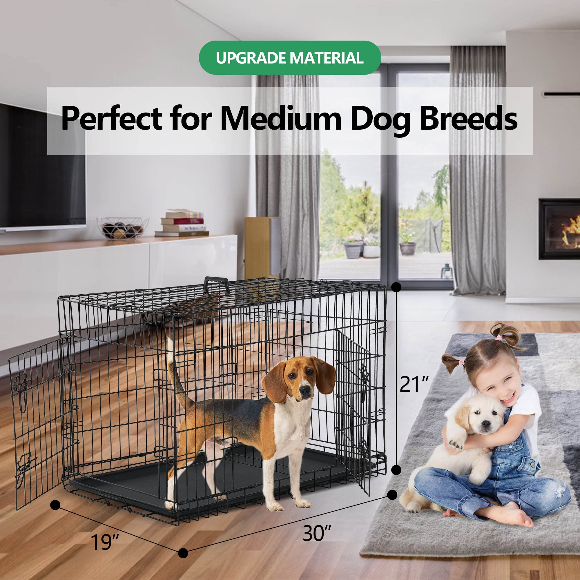 30 Inch Medium Dog Crate, Heavy Duty Dog Crates For Medium Dogs, Metal Wire Folding Dog Cage With Removable Trays, Locks, Double