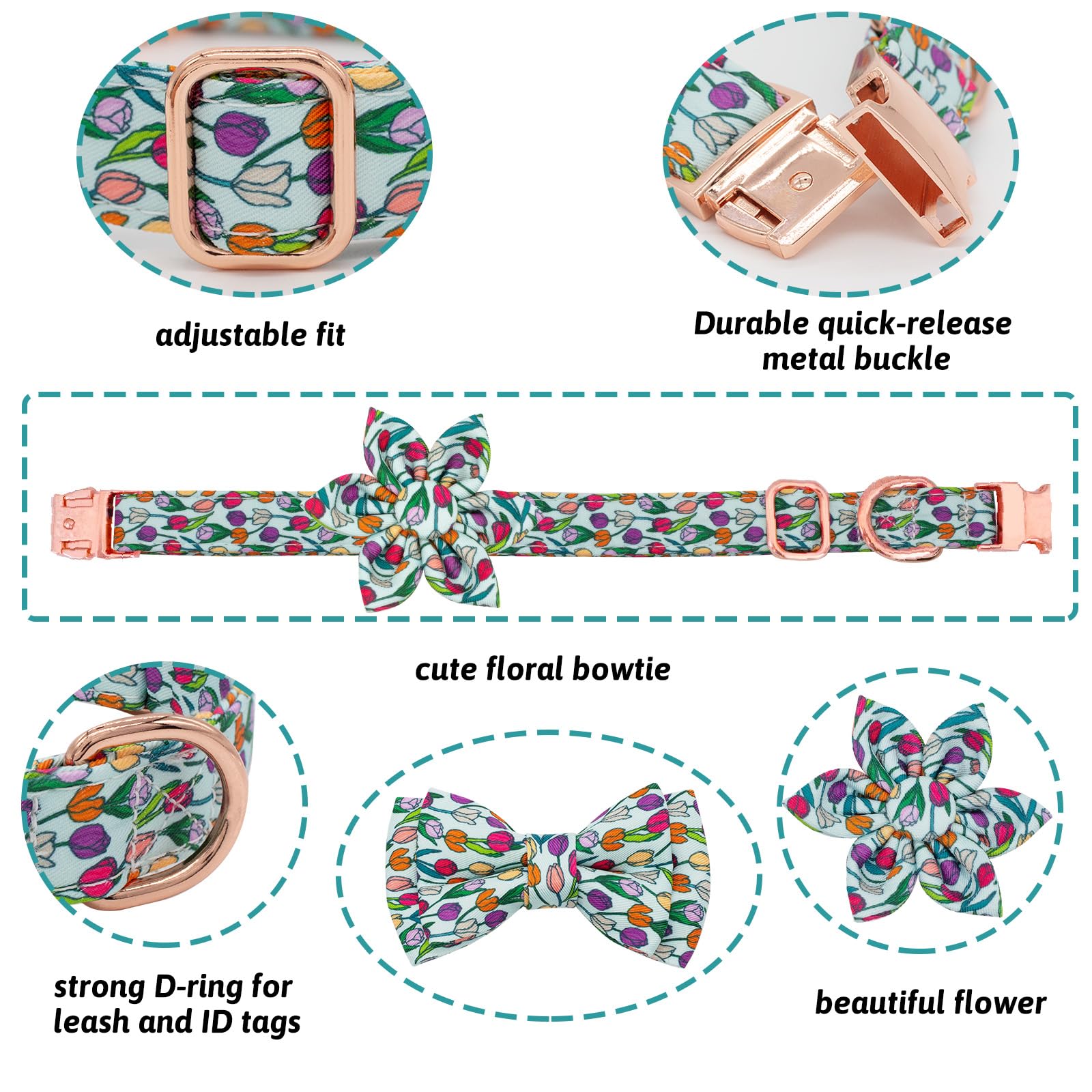 HSIGIO Dog Collar and Leash Set Girls Adjustable Puppy Collars with Floral Bow Tie for Small Medium Large Female Dogs, Tulip, S