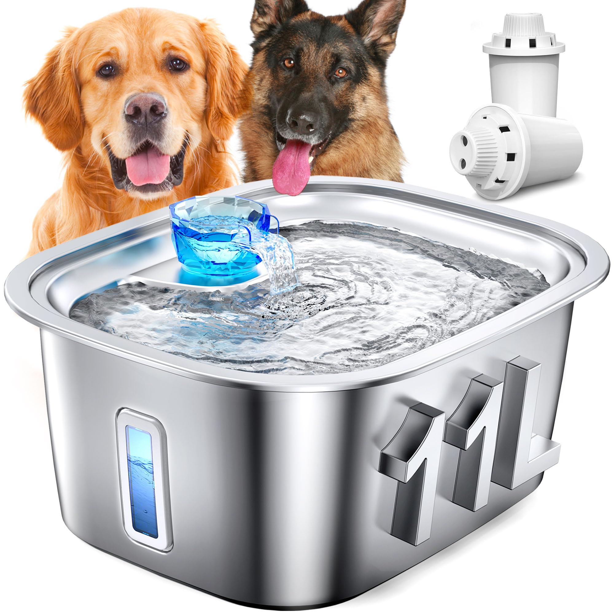 Large Dog Water Fountain Stainless Steel, 3 Gallon Pet Water Fountain With Visual Window, Dog Water Dispenser Automatic Waterer 
