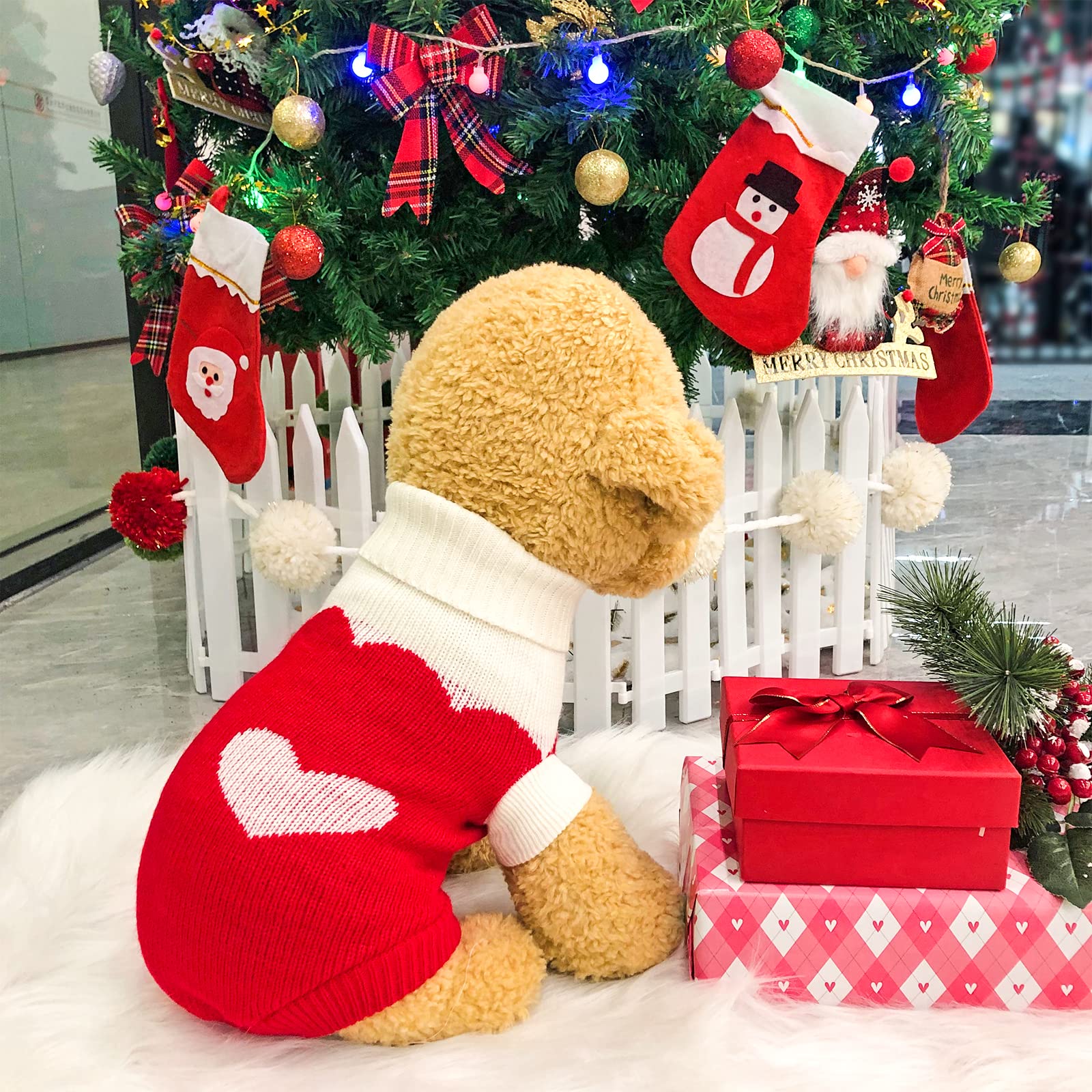 Topbuti Pet Dog Knitted Sweaters Knitwear Turtleneck Pajamas Soft Winter Warm Puppy Valentine Clothing Christmas Clothes Heart Doggie Apparel For Cats Dogs (S)