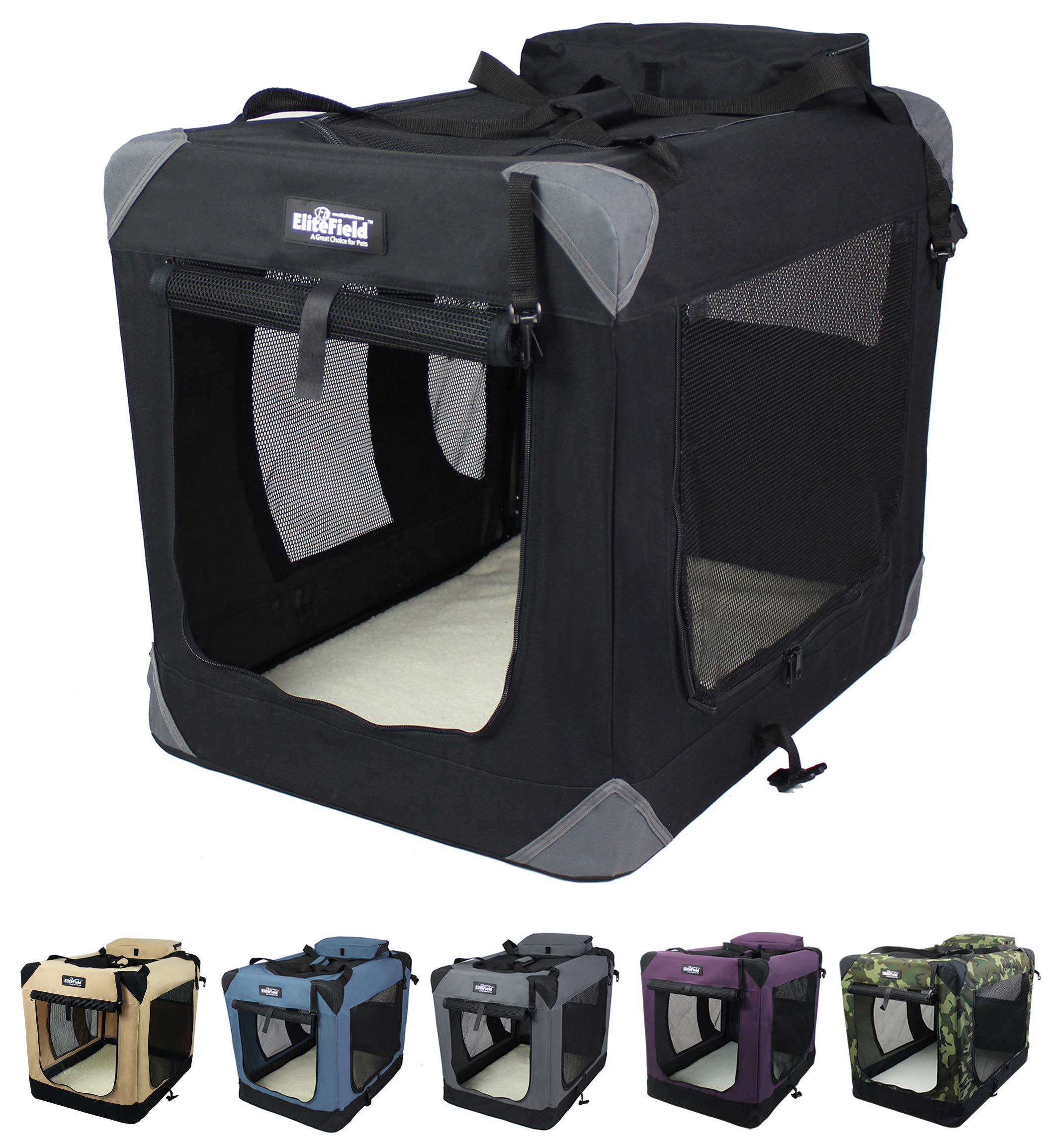 EliteField 3-Door Folding Soft Dog Crate with Carrying Bag and Fleece Bed (2 Year Warranty), Indoor & Outdoor Pet Home (42 L x 2