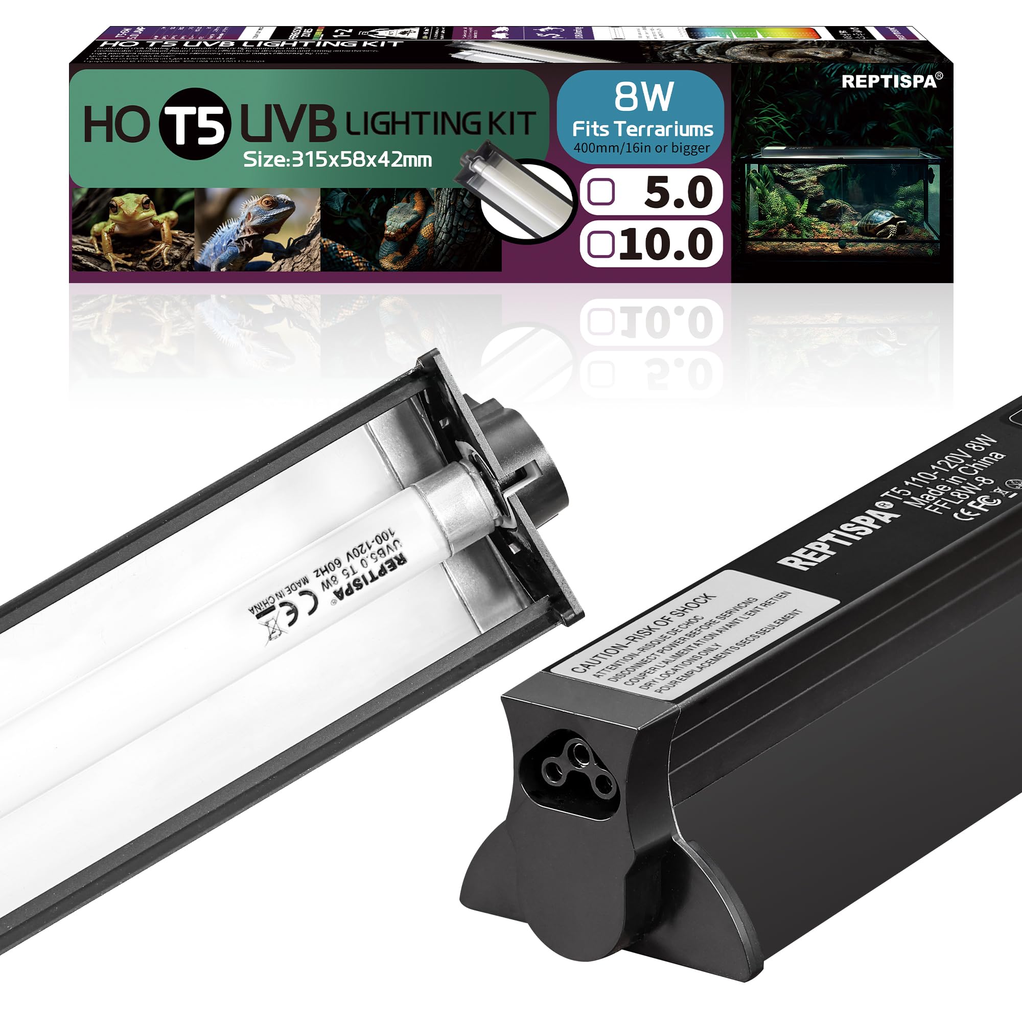 T5 Ho Uvb Lighting Combo Kit, 8W Reptile Light Fixture With Fluorescent Light Bulbs, Desert 10.0 Uvb Light For Reptiles And Amph