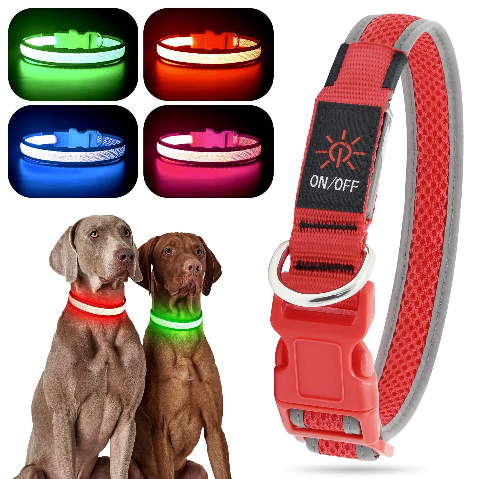 Yfbrite Light Up Dog Collar, Rechargeable Led Flashing Collar, Adjustable Reflective Safety Glowing At Night (Red, Medium)