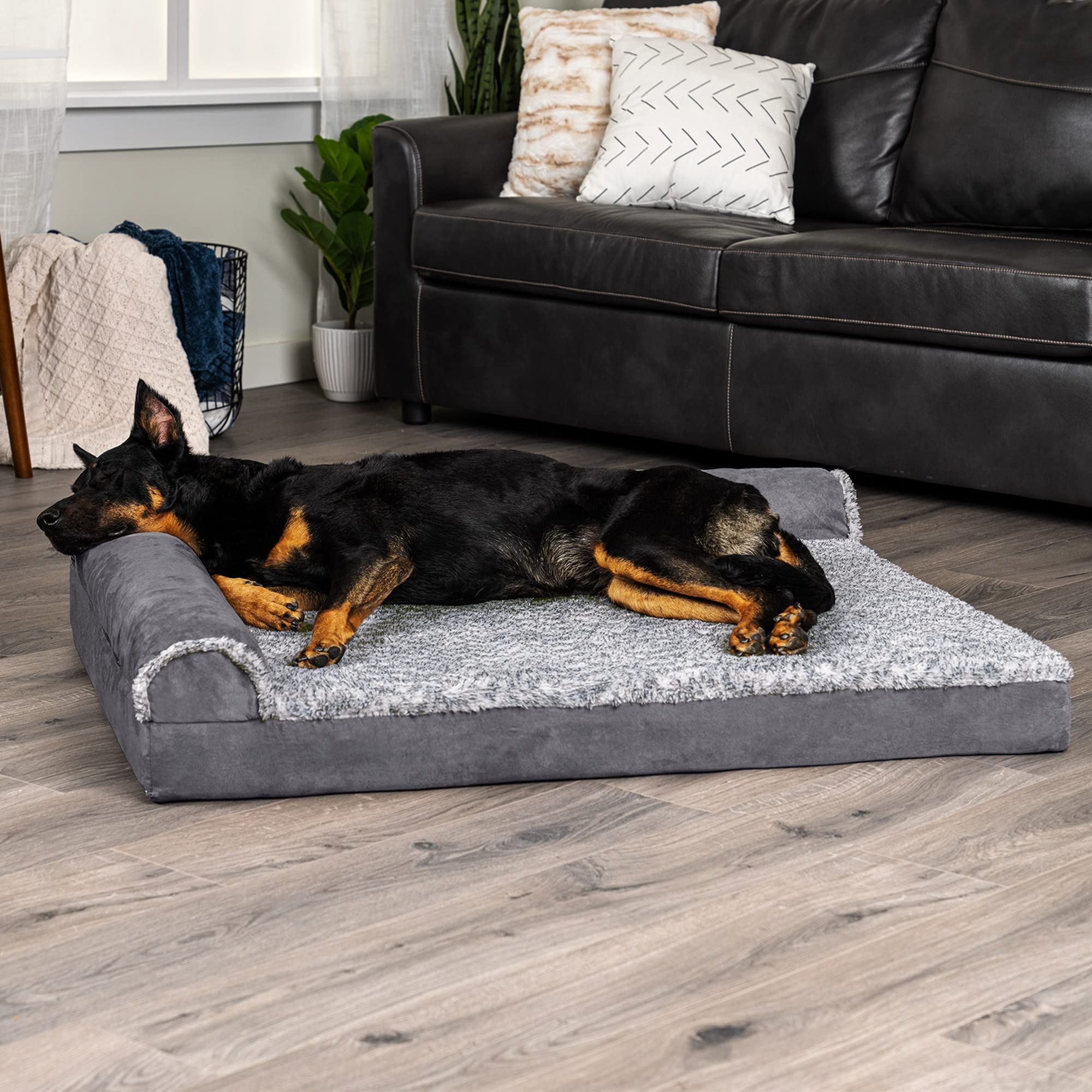 Furhaven Orthopedic Dog Bed For Large Dogs W/ Removable Bolsters & Washable Cover, For Dogs Up To 95 Lbs - Two-Tone Plush Faux Fur & Suede L Shaped Chaise - Stone Gray, Jumbo/Xl