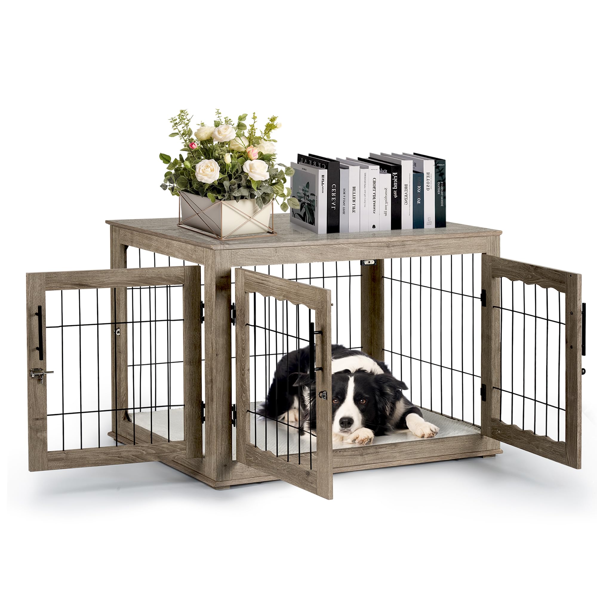 Upolana Dog Crate Furniture, 38 inch Large Dog Crates with Bed Mat, Wooden Dog Kennel Furniture, End Side Table Dog Cage with 3 