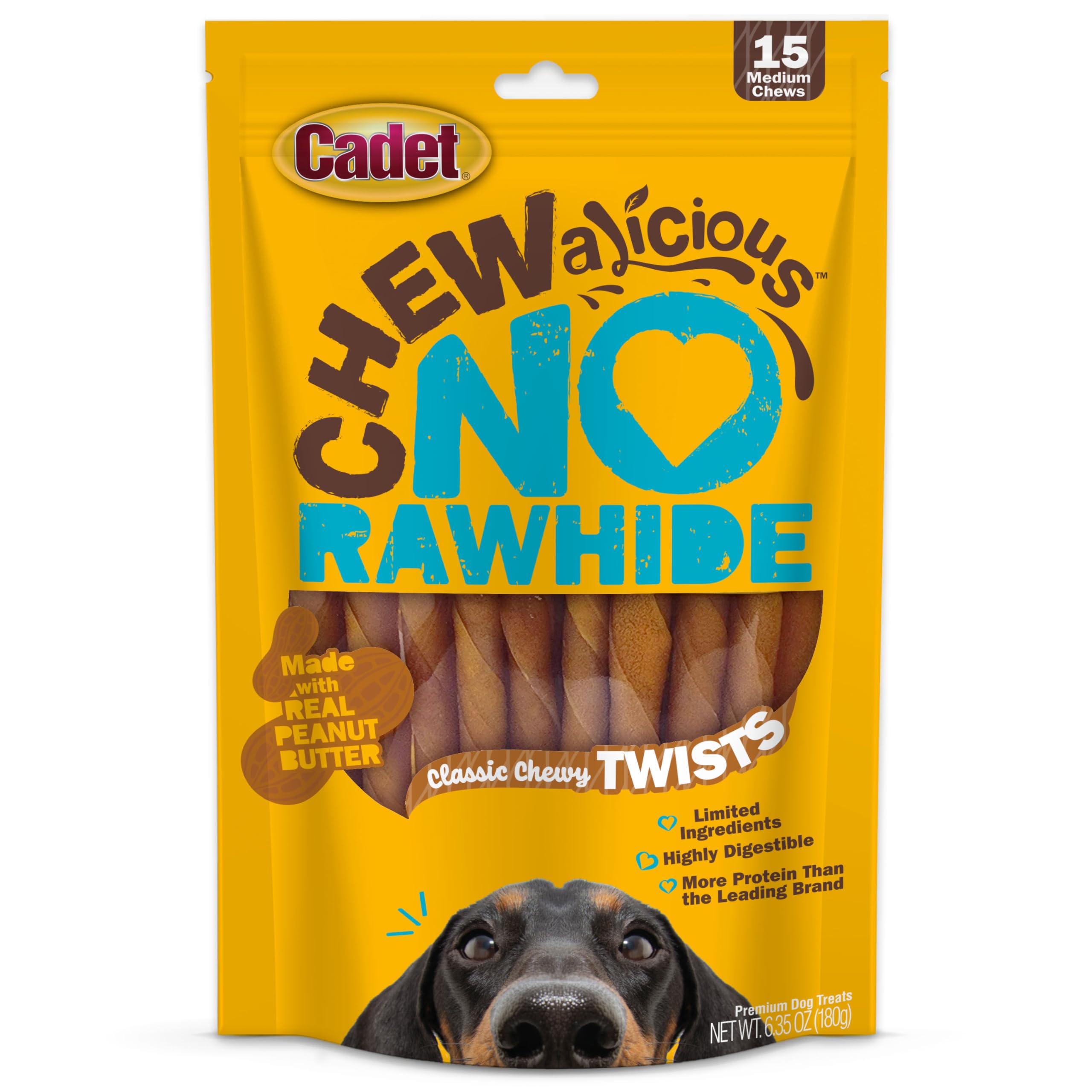 Cadet Chewalicious Classic Chewy Twists with Real Peanut Butter, Rawhide-Free Healthy Dog Chews, Limited-Ingredient & Long-Lasti