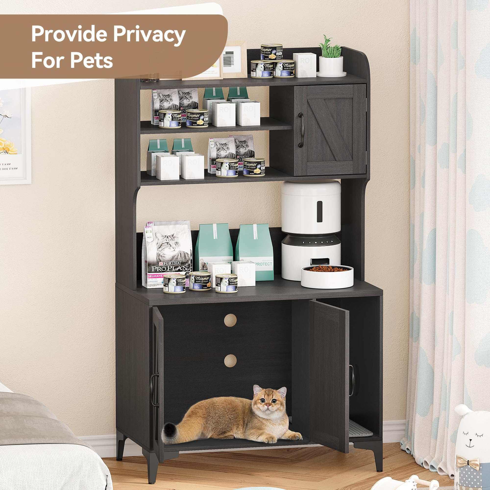 IDEALHOUSE Cat Litter Box Enclosure with Shelves and Doors,Wood Sturdy Hidden Litter Box Furniture,Indoor Cat House Furniture fo
