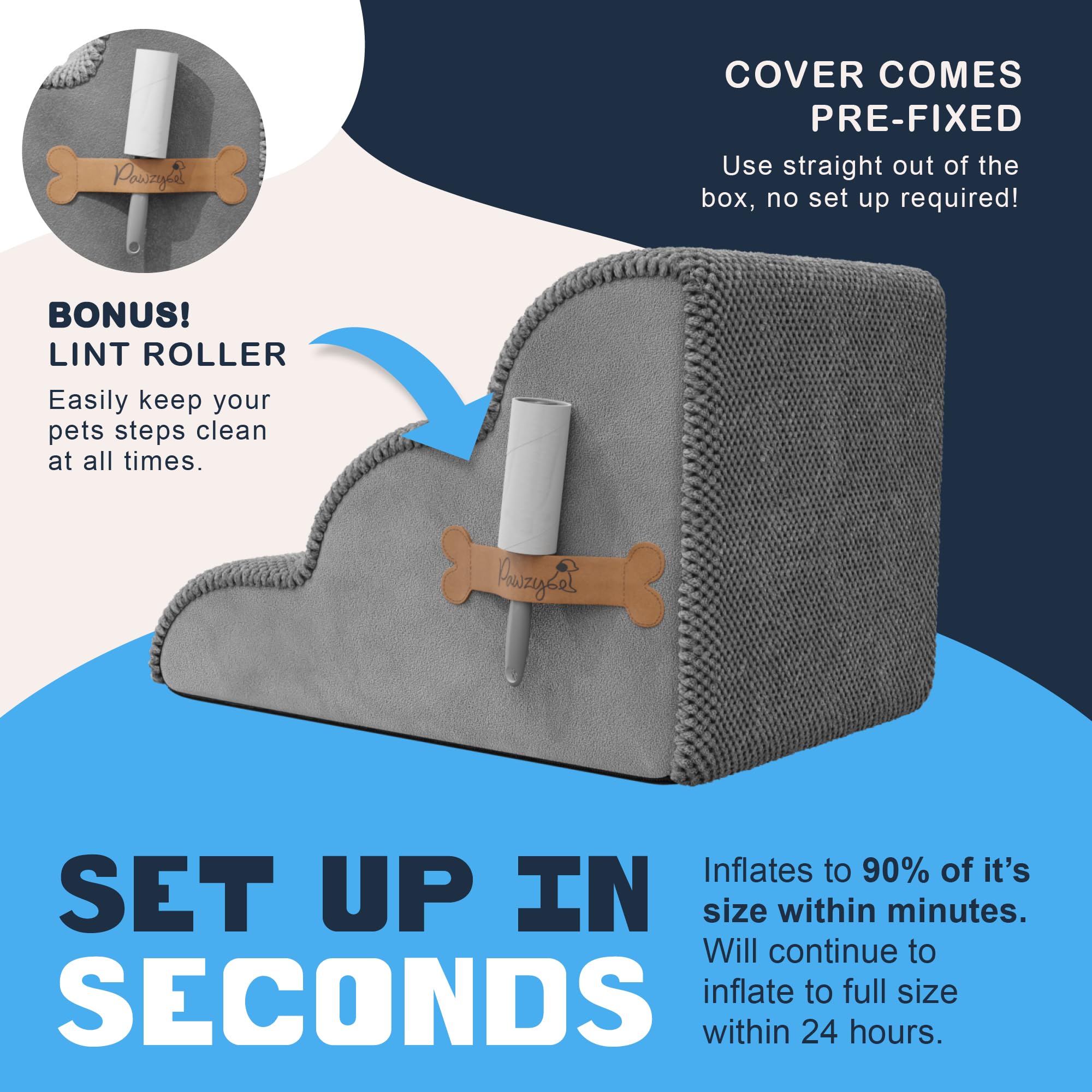 Pawzy Foam Pet Stairs For Bed, Couch Or Window Prefixed Cover - Wide Steps For Bed, Waterproof, Non-Slip Base - 3-Tier Ramp Dog