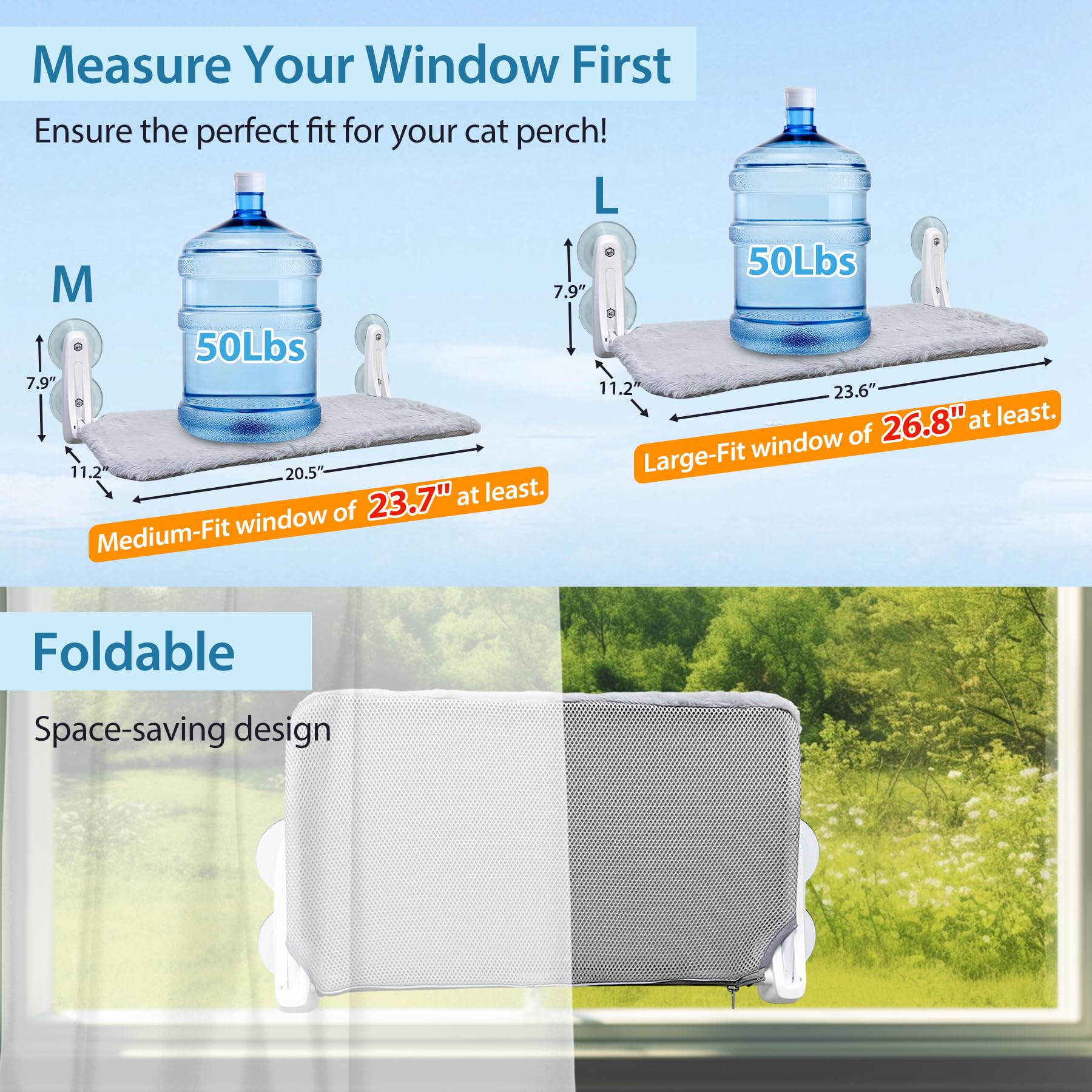 L&W Bros. 3Pc Foldable Cat Window Perch Hammock With 4 Suction Cups Easy To Assemble 20.5''X 11.2'' For Large Heavy Cats Indoor