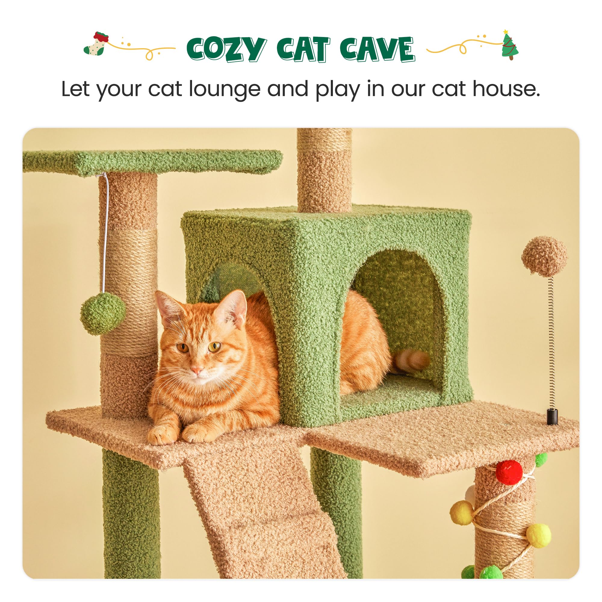 Mwpo 63.8 Inches Green Cat Tree For Indoor Cats, Multi-Level Cat Tower With Sisal-Covered Scratching Posts, Padded Platform, Ham