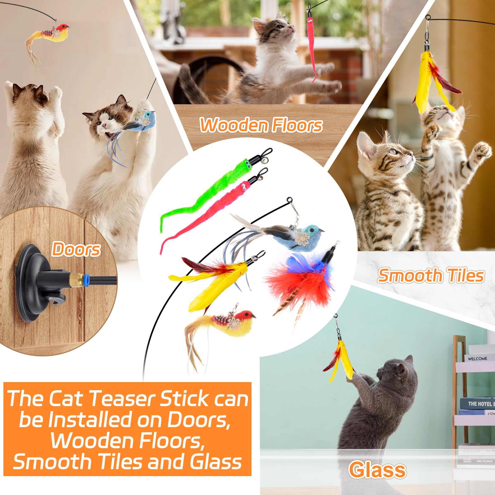 Cat Feather Toys, 10Pcs Cat Toys With Detachable 2Pcs Suction Cup, 6Pcs Replacement Teaser Refills With Bell, Interactive Cat To