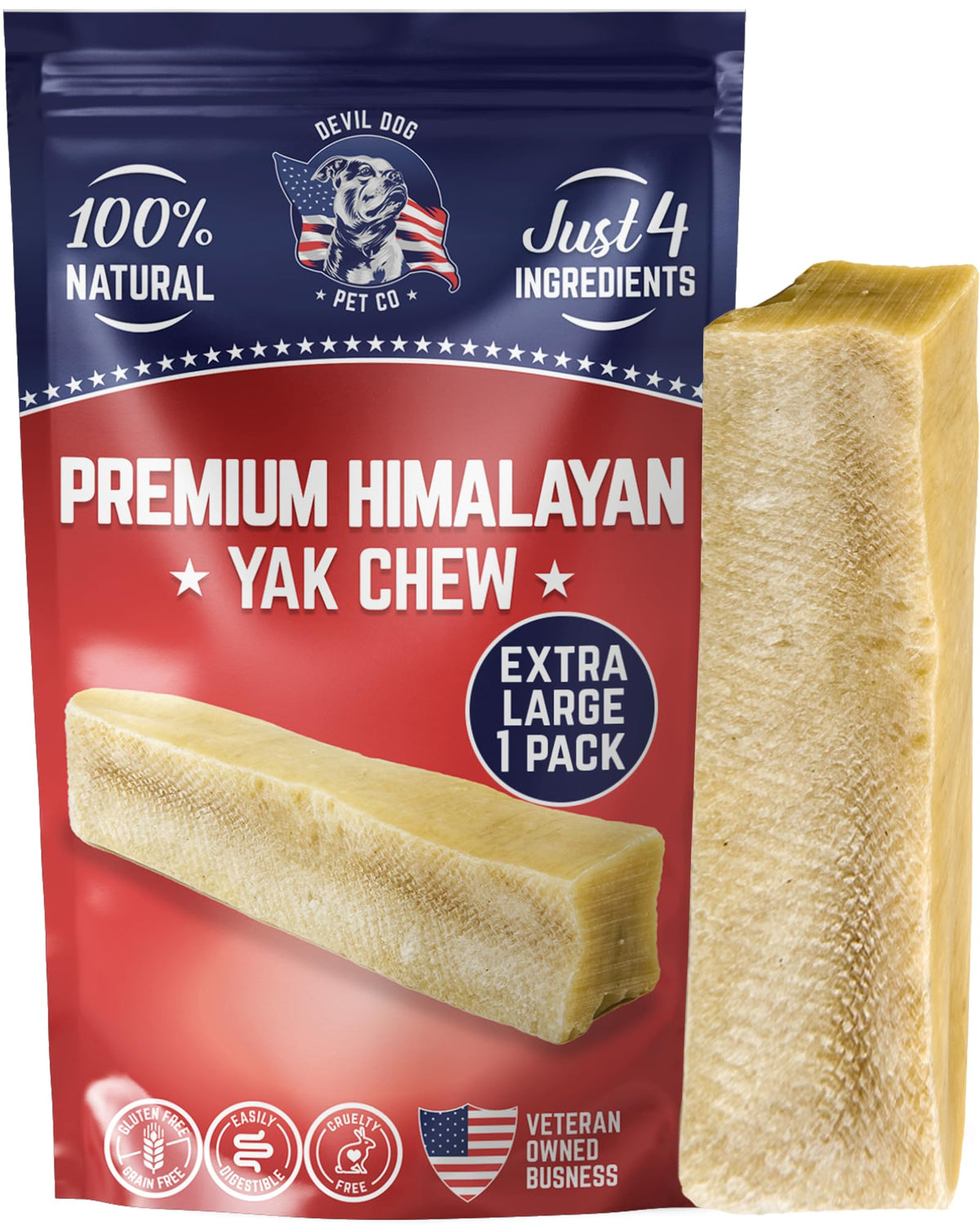 Devil Dog Pet Co Yak Cheese Dog Chews - Premium All Natural Dog Treats For Aggressive Chewers - Long Lasting, Limited Ingredient And Odorless - Usa Veteran Owned Business (Extra Large - 1 Pack)