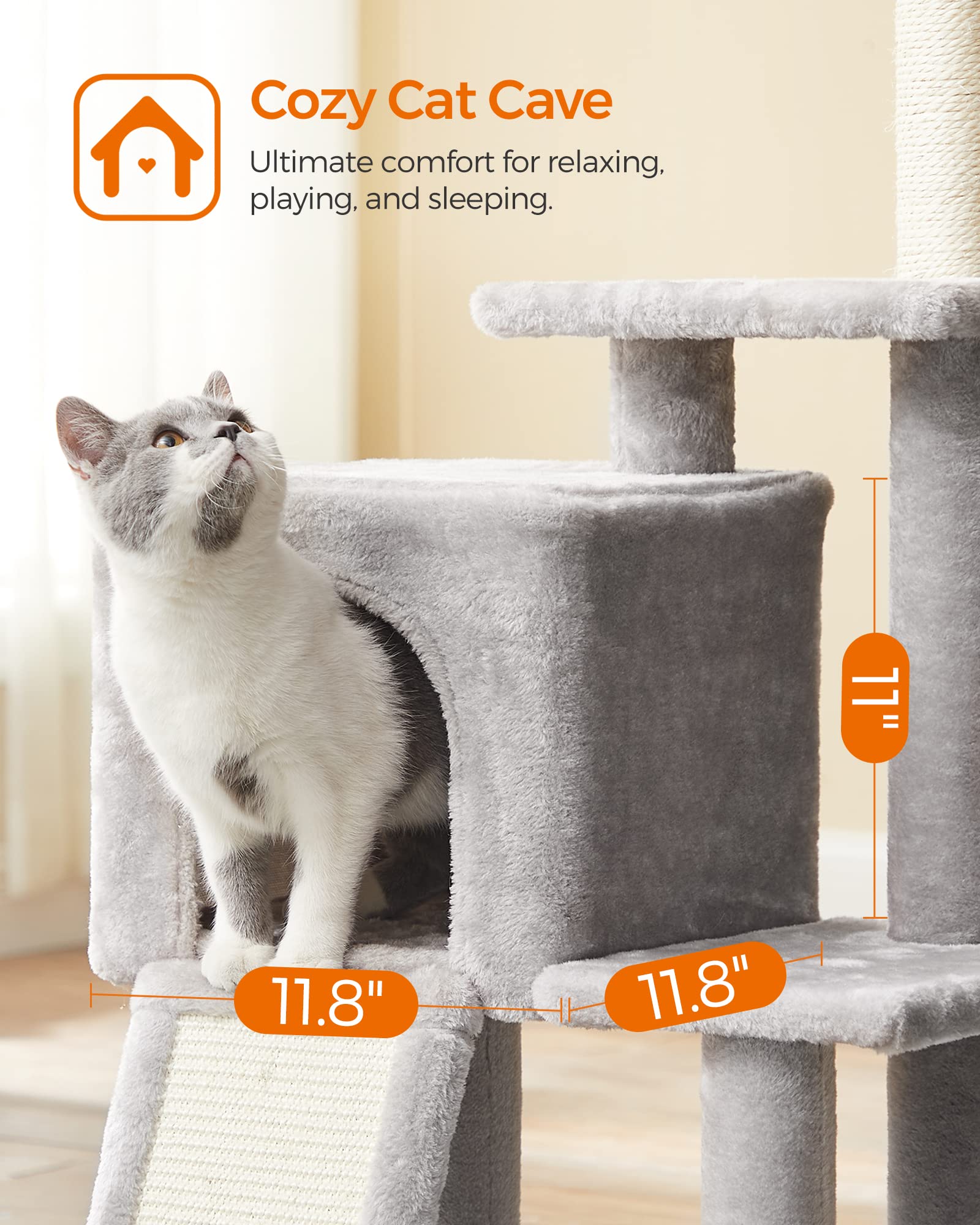 Feandrea Cat Tree, 46.5-Inch Cat Tower For Indoor Cats, Multi-Level Plush Cat Condo, Scratching Post, Ramp, 3 Removable Pompom S