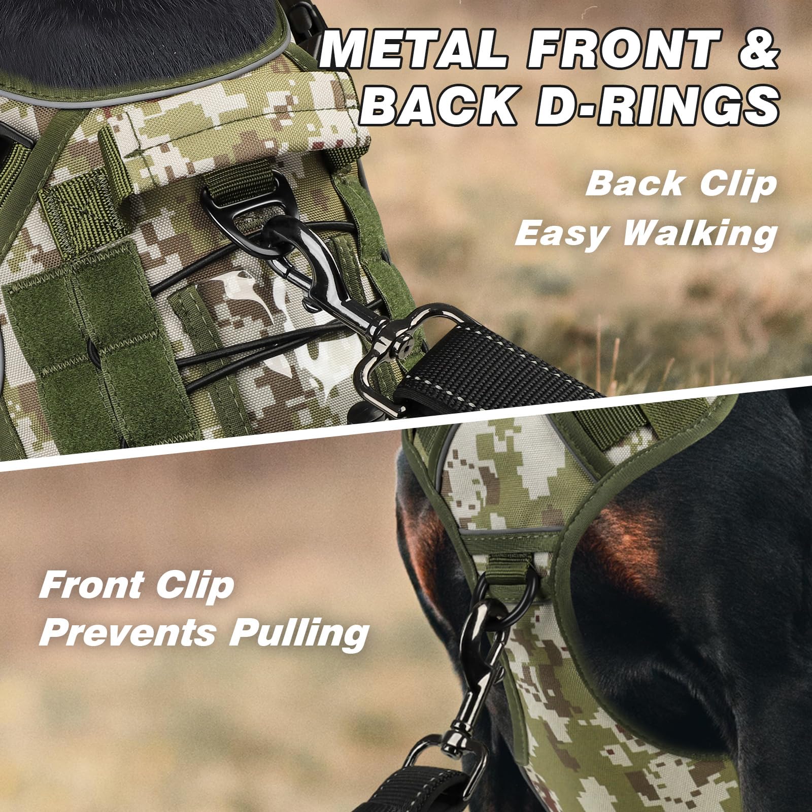 WINGOIN Tactical Dog Harness for Medium Dogs, Heavy Duty No Pull, Adjustable Reflective, Green Camo, Model DV01, M (30-50 lbs)