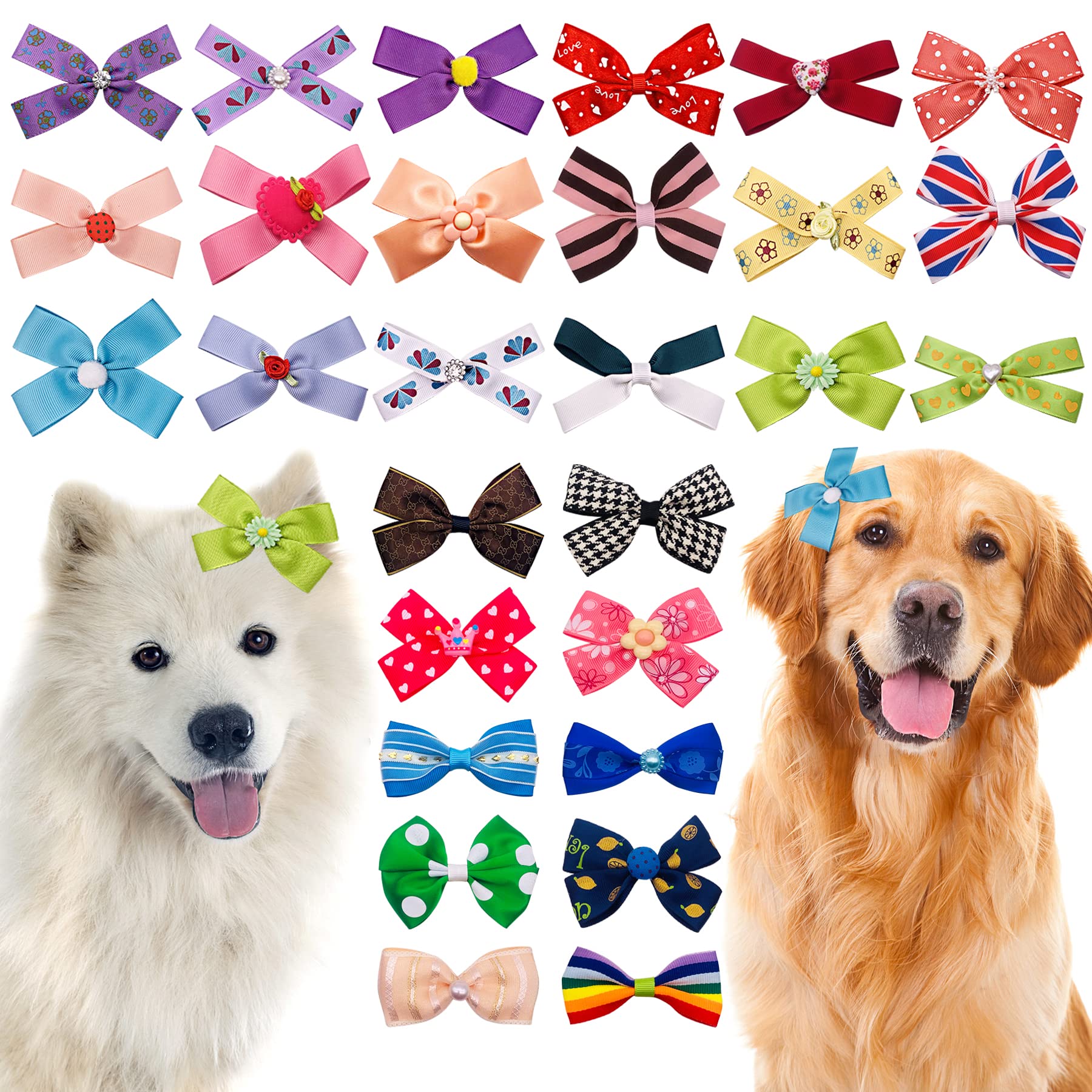 Jpgdn 50Pcs/25Pairs 3'' 4'' Big Dog Hair Bows With Elastic Rubber Band For Medium Large Dogs Doggie Rhinestone Floral Bowknot To