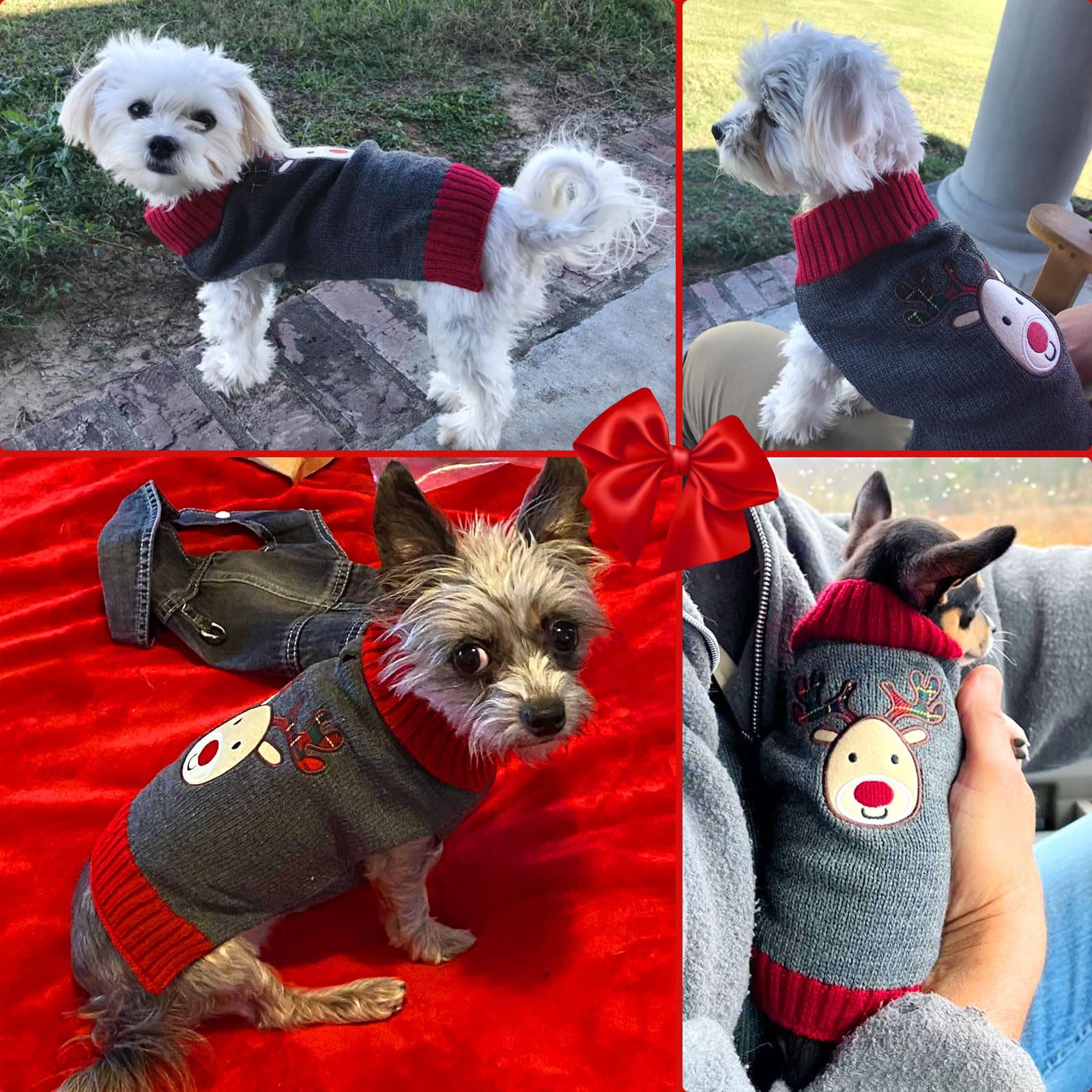 Axiijgl Christmas Reindeer Dog & Cat Fleece Sweater - Striped Winter Clothes With Leash Hole