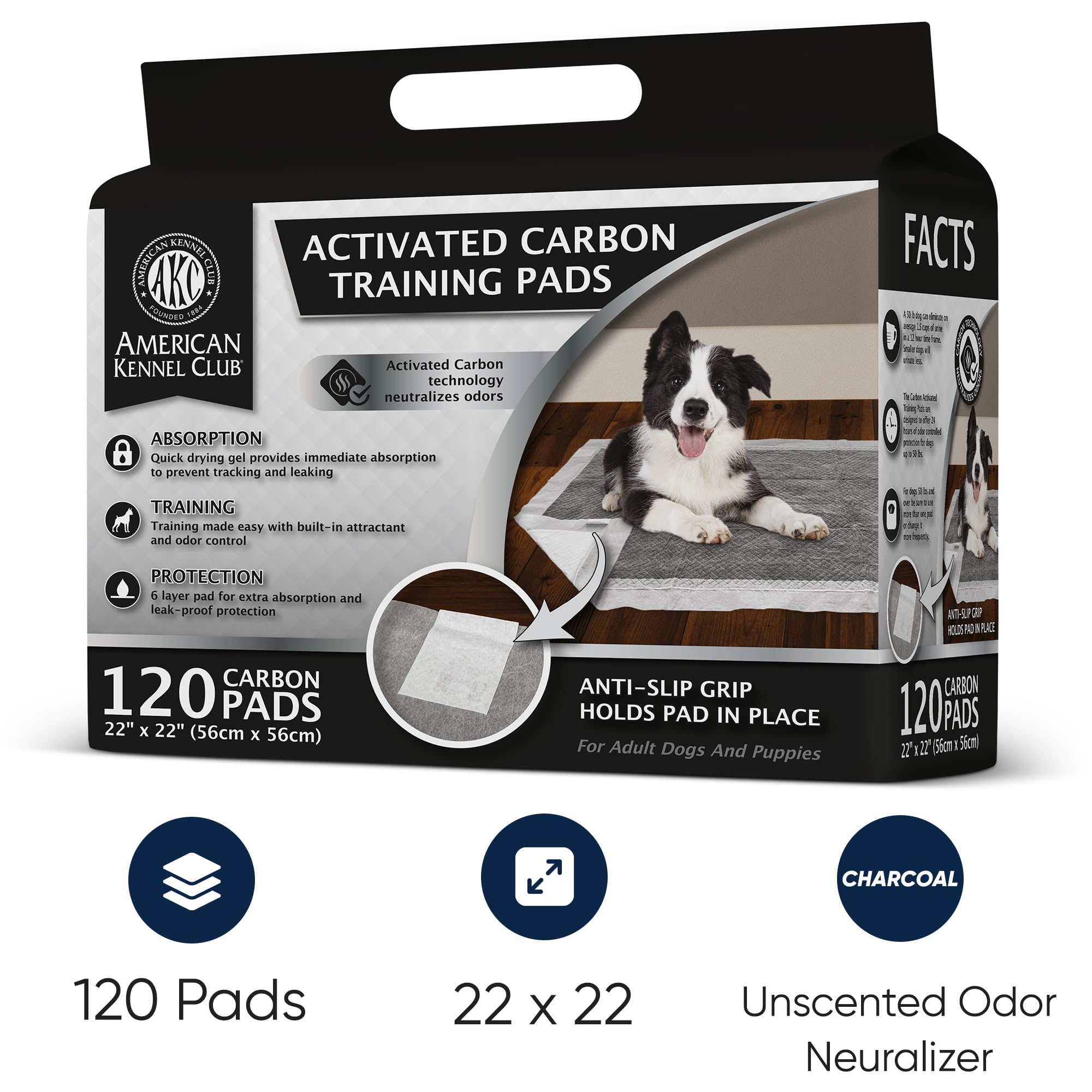 American Kennel Club Charcoal Puppy Training Pads, With Anti-Slip Adhesive Backing, Quick Dry Gel And Activated Carbon Odor Control - 22 X 22-120 Count