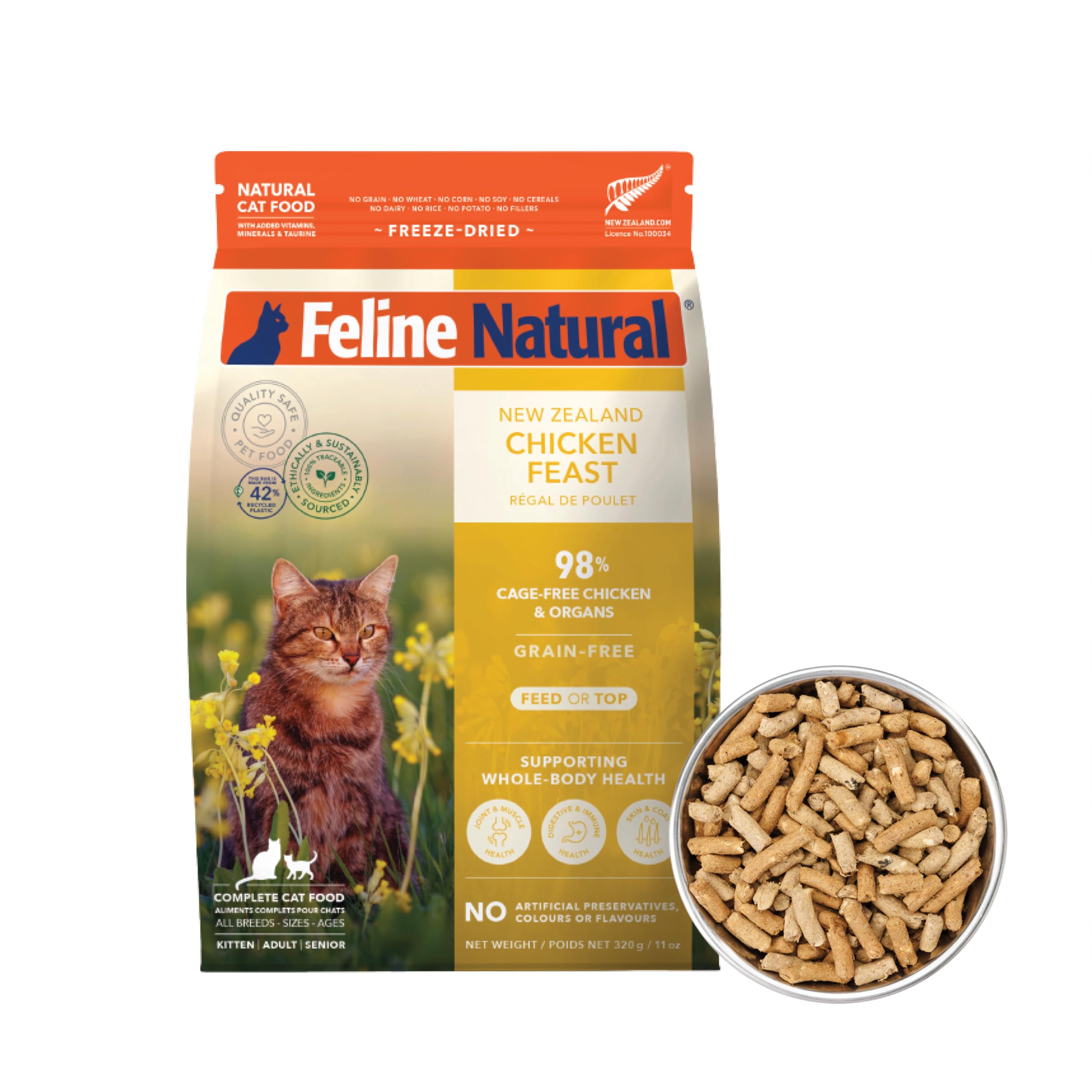 Feline Natural Grain-Free Freeze Dried Cat Food - Chicken Feast, 11 Ounce - High Protein Cat Food from New Zealand, Natural Ingr