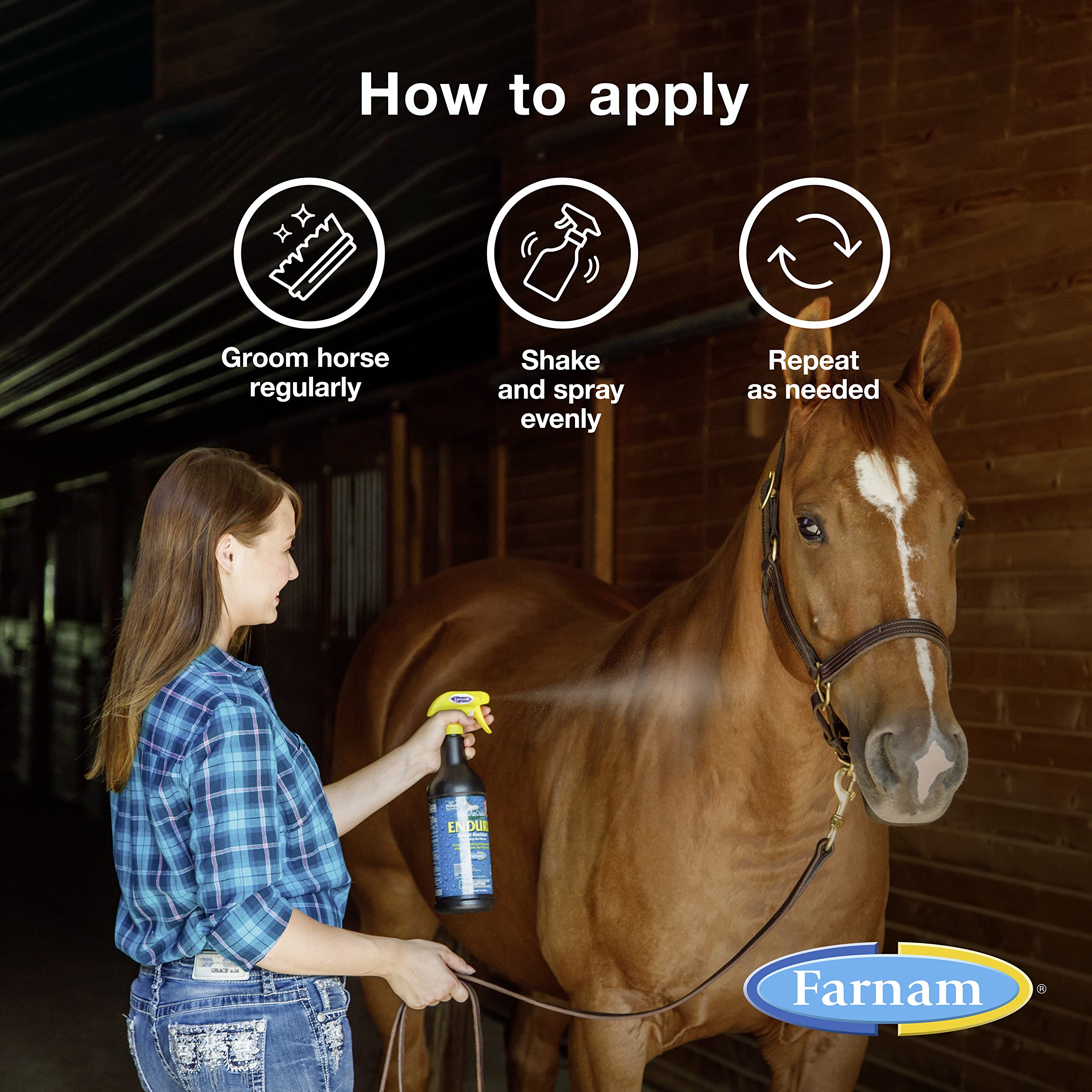 Farnam Endure Sweat-Resistant Horse Fly Spray, Kills, Repels, Protects, 32 Ounces, Quart Spray