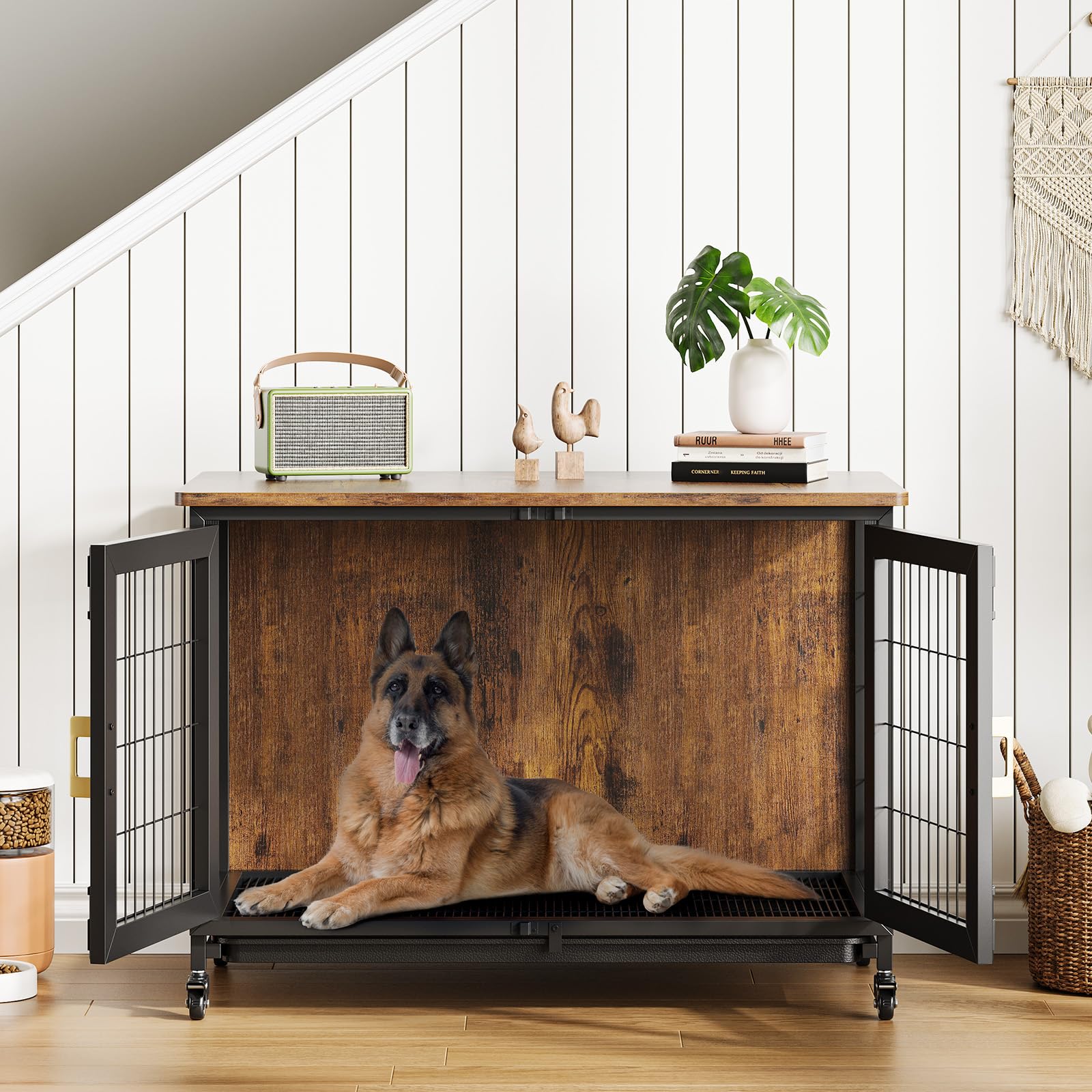 37.4 Inch Large Dog Crate Furniture, Heavy Duty Dog Kennel Furniture with Wheels, Grid Base, Removable Base, Decorative Dog Cage
