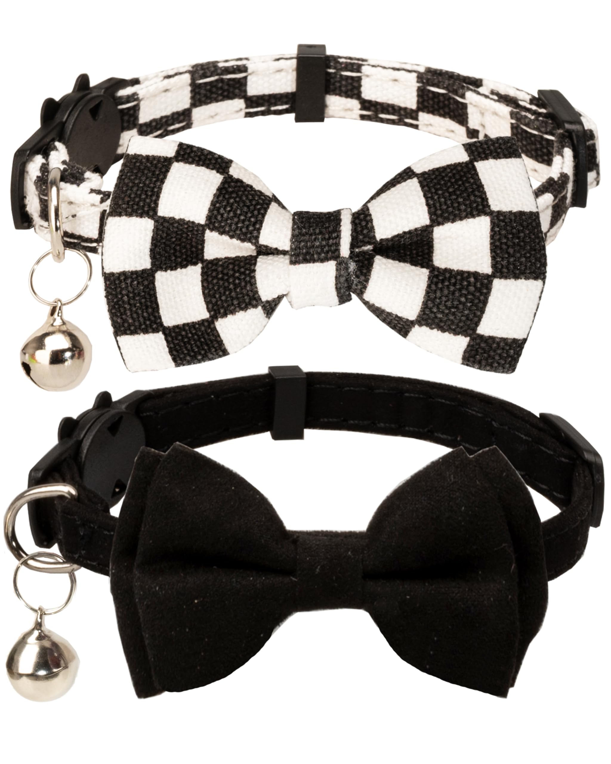 Gyapet Collar For Cats Pets Breakaway With Bell Bowtie Floral Bow Detachable Adjustable Safety Puppy 2Pcs Plaid & Solid-Black