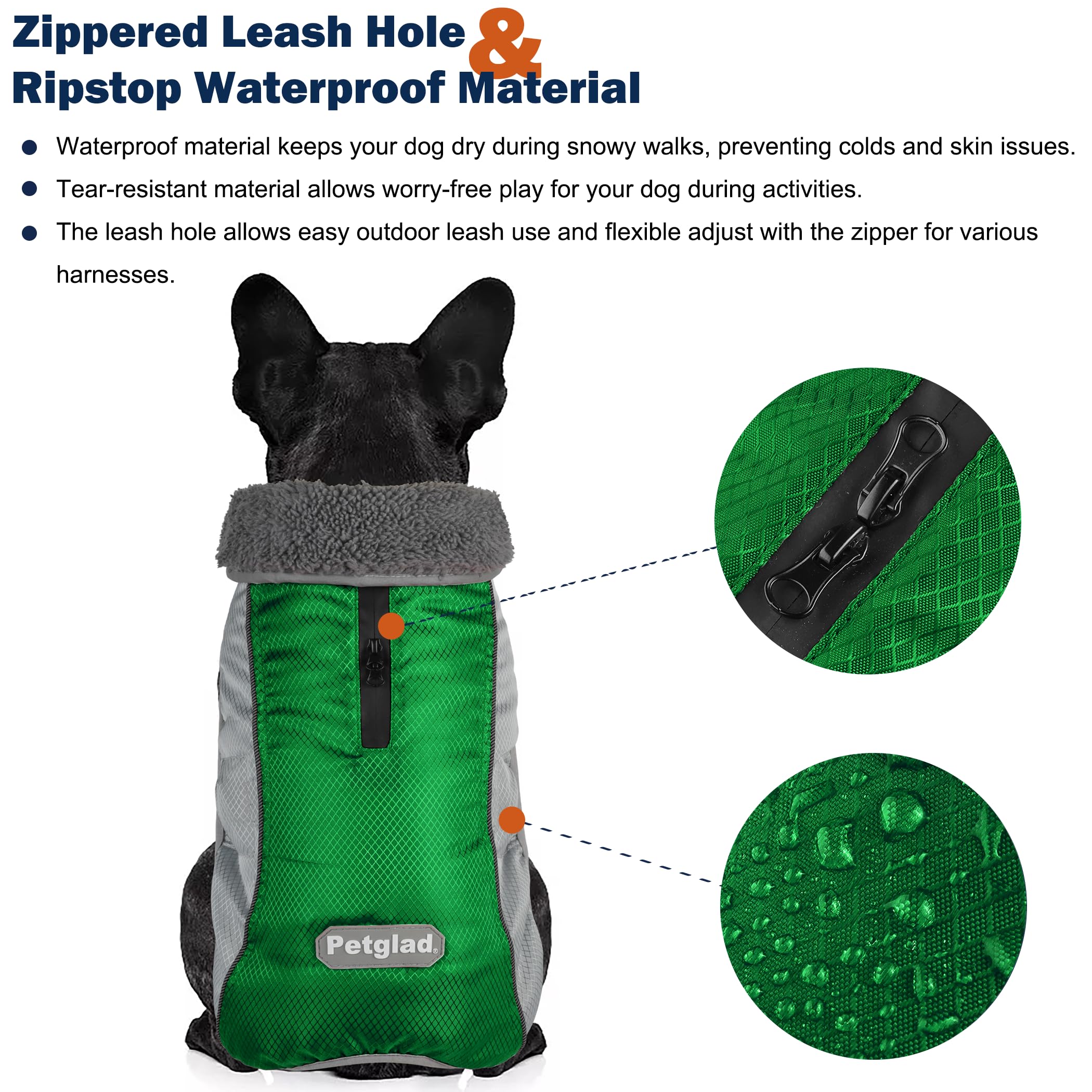 Petglad Dog Coat, Ripstop Waterproof Dog Winter Jacket with Zippered Leash Hole, Reflective Adjustable Dog Fleece Sweater, Warm