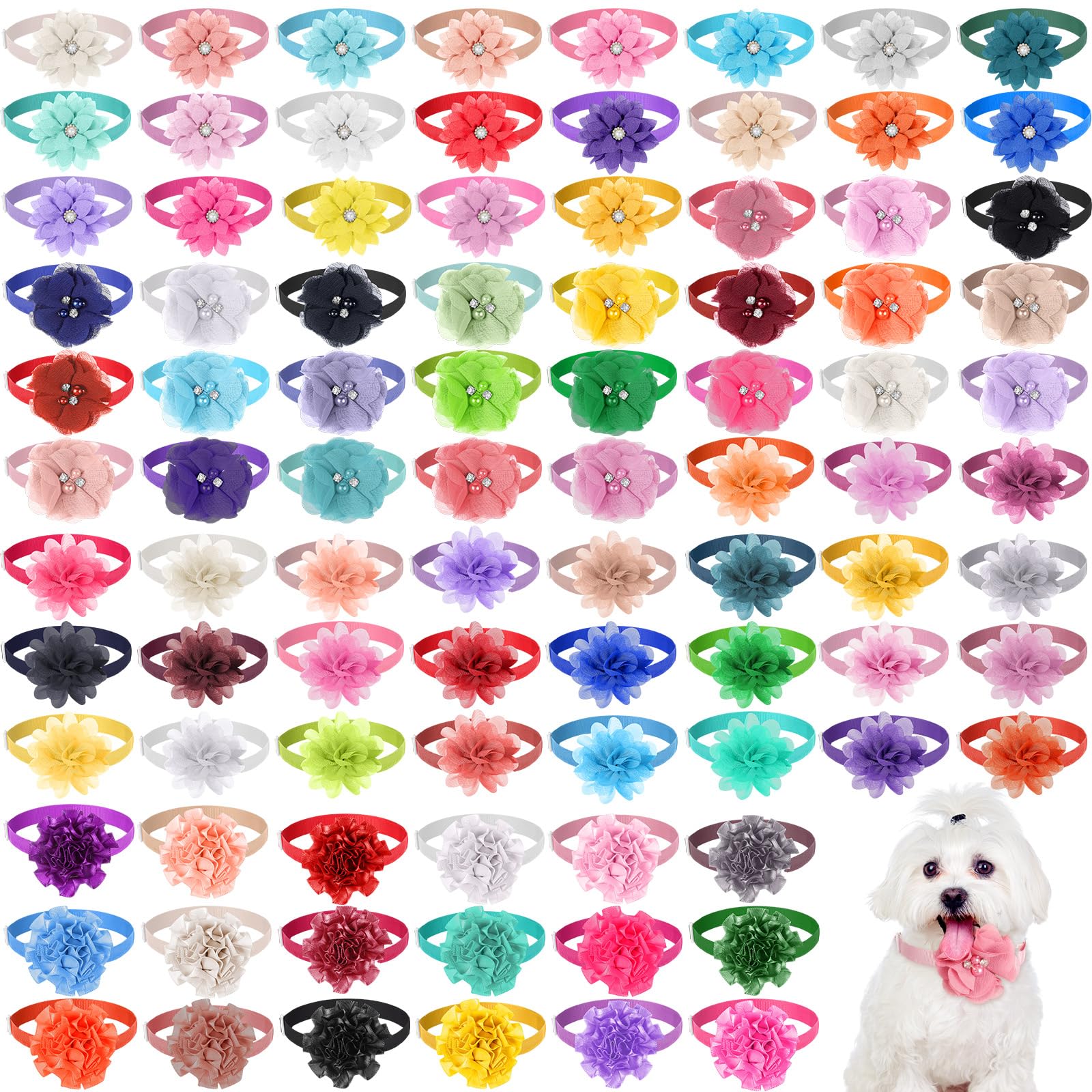 Reginary 100 Pcs Easter Dog Collar Flowers Bulk Spring Flowers Pet Bowtie Floral Cat Accessory Adjustable Nylon Multicolor Pet B