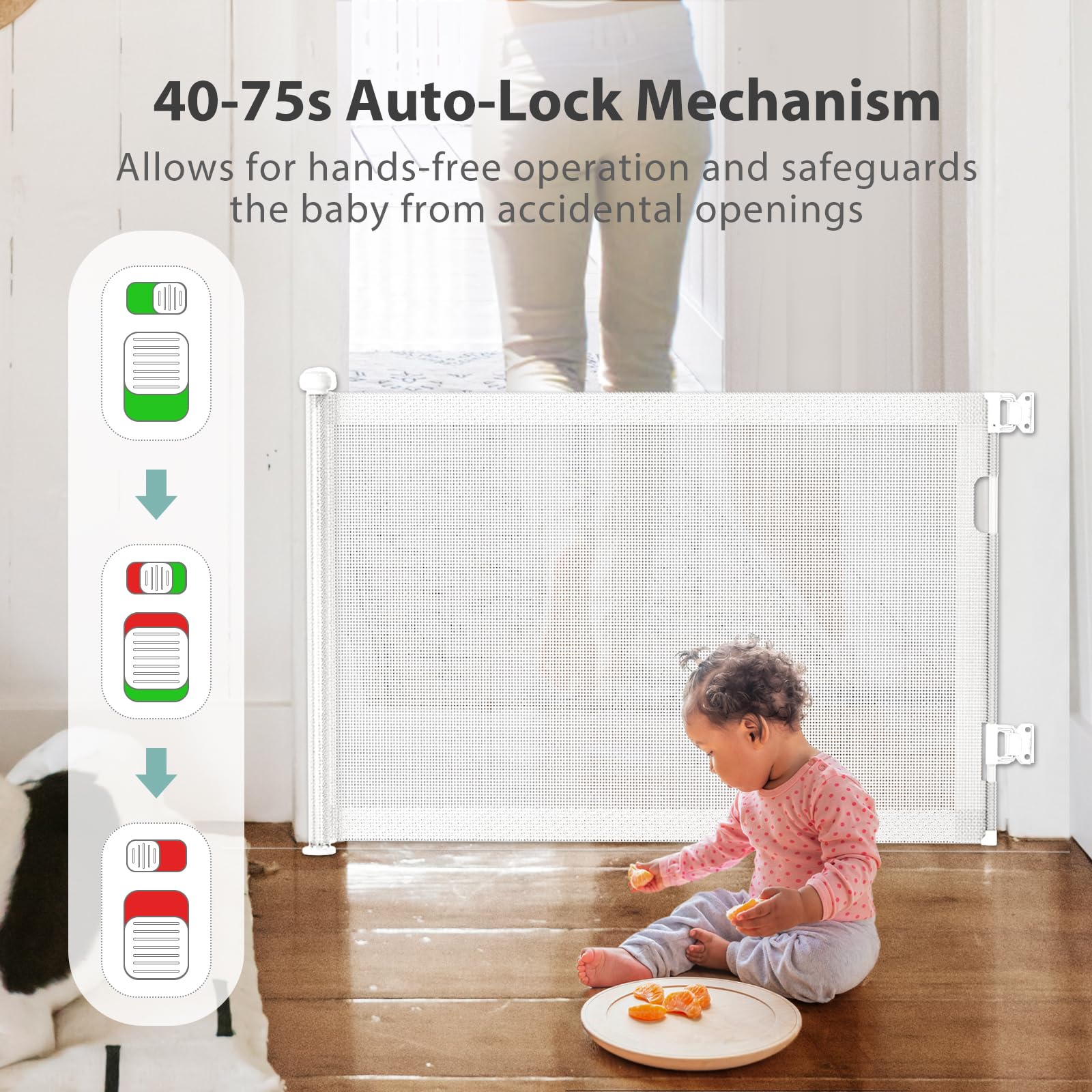 Hardware Mount Retractable Baby Gates for Stairs with Auto-Lock,33 '' Tall,Extends up to 71 '' Wide Mesh Double Lock Safety Baby