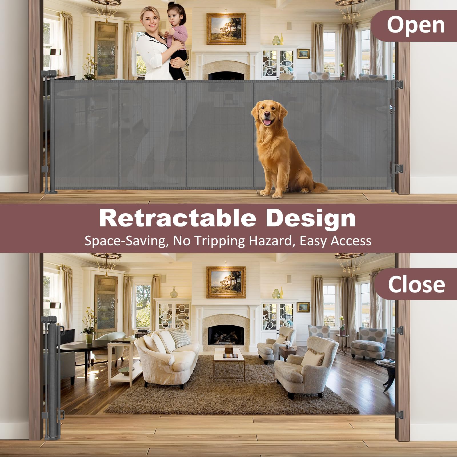 Reinforced 41'' Extra Tall Pet Gate 100'' Extra Wide Retractable Baby Gate with Support Rods, Indoor Large Baby Gate Mesh Dog Ga