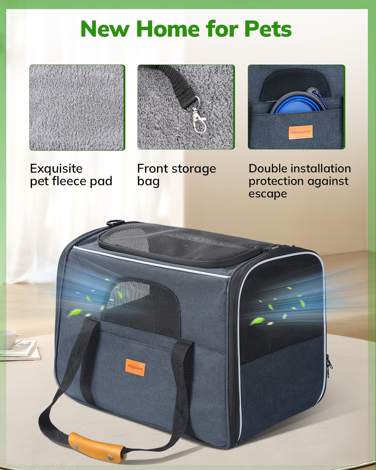 Morpilot Large Cat Carrier - Soft Sided Cat Carrier Large For Big Medium Cats And Puppy Up To 20Lbs, Pet Carrier With Safety Zippers, Foldable Bowl, Pet Travel Carrier Bag - Dark Gray Large