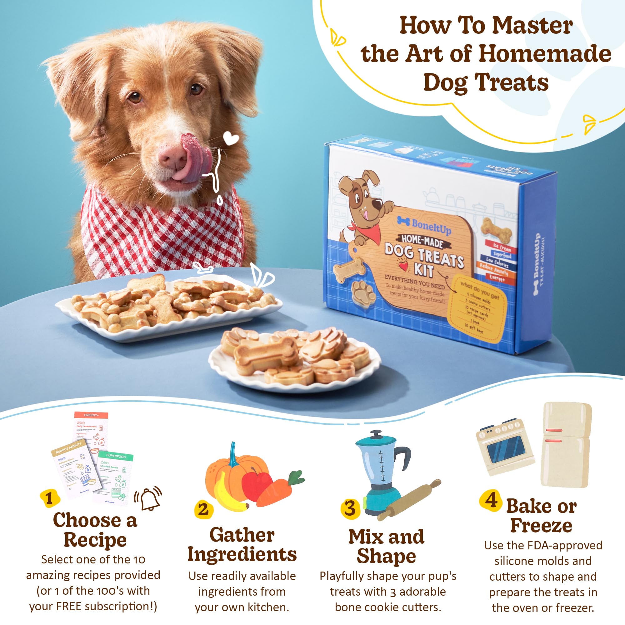 BoneItUp Homemade Dog Treats Set Silicone Molds Cookie Cutters with Healthy Vet Approved Recipes, Puppy Treats with Paws & Bones