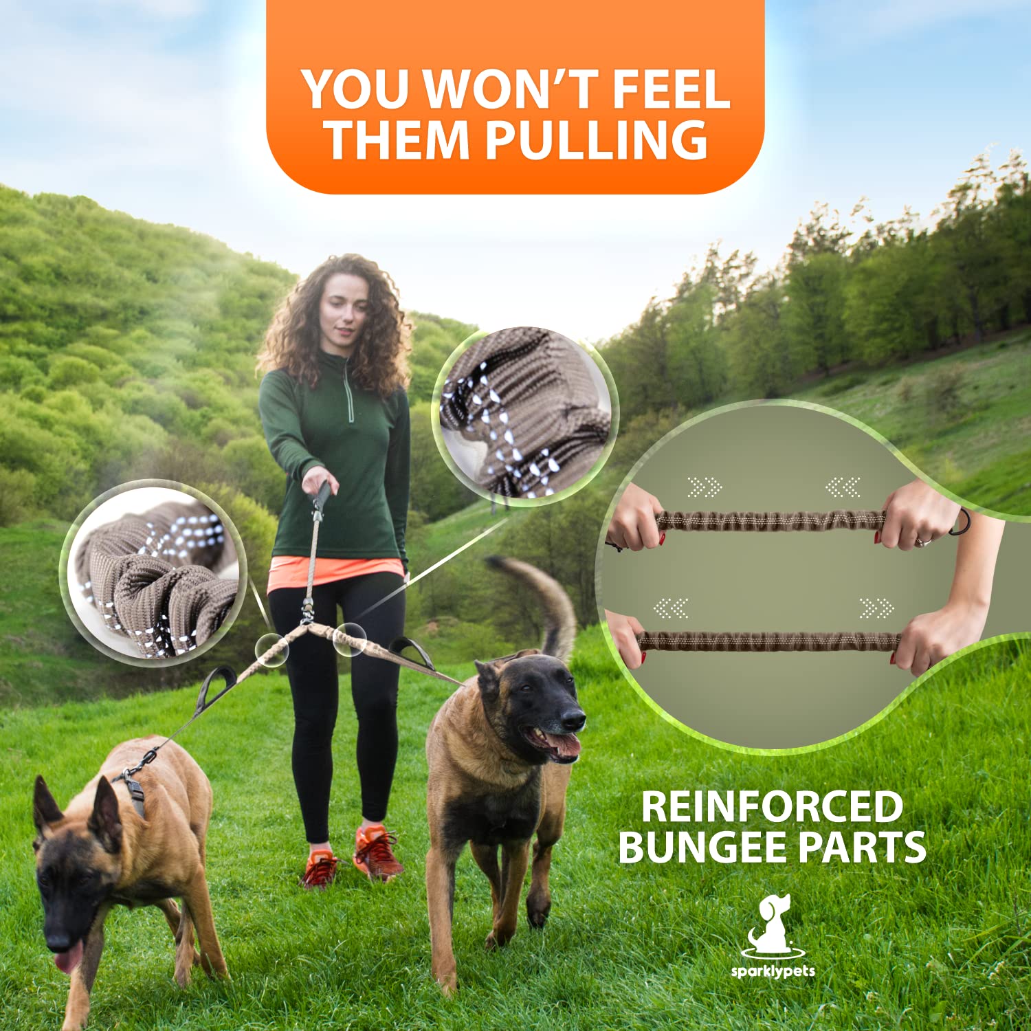 Heavy Duty Rope Bungee Leash For Large And Medium Dogs With Anti-Pull For Shock Absorption - No Slip Reflective Leash For Outside (Brown, For 2 Dogs)