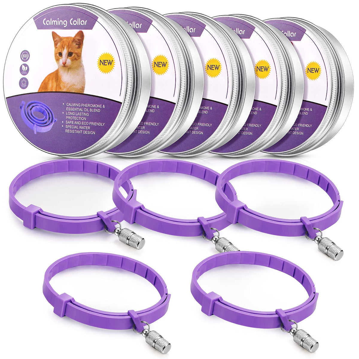 Weewooday 5 Set Calming Collar For Cats Adjustable Waterproof Cat Calming Collars Reduce Anxiety Stress Cat Collars With 5 Pet Id Pendants (Purple)