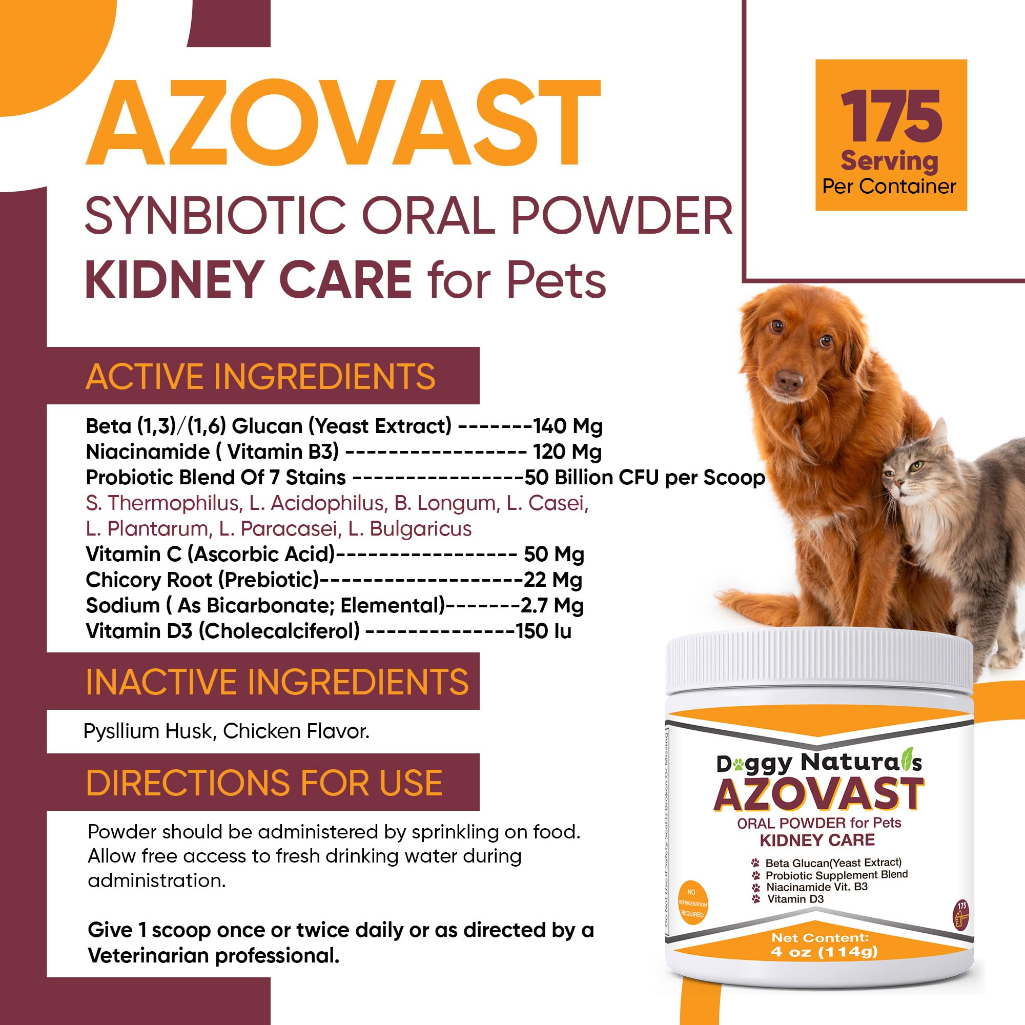 Pet Health Pharma Azovast Powder for Dogs & Cats, 4 Oz - Supports Kidney Function, 175 Scoops, No Refrigeration Needed, Made in U.S.A.