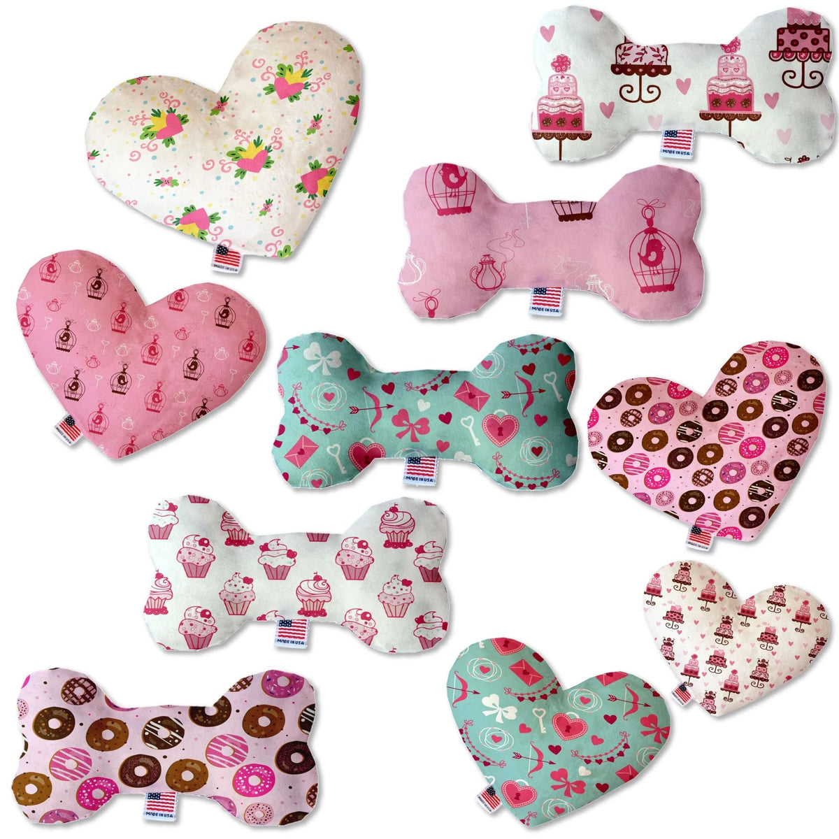 Valentine's Day Pet & Dog Plush Heart or Bone Toy, &quot;Sweet Love Group&quot; (Available in different sizes and 6 pattern options!) Pink WhimsyBirdCages 8&quot; Plush Heart