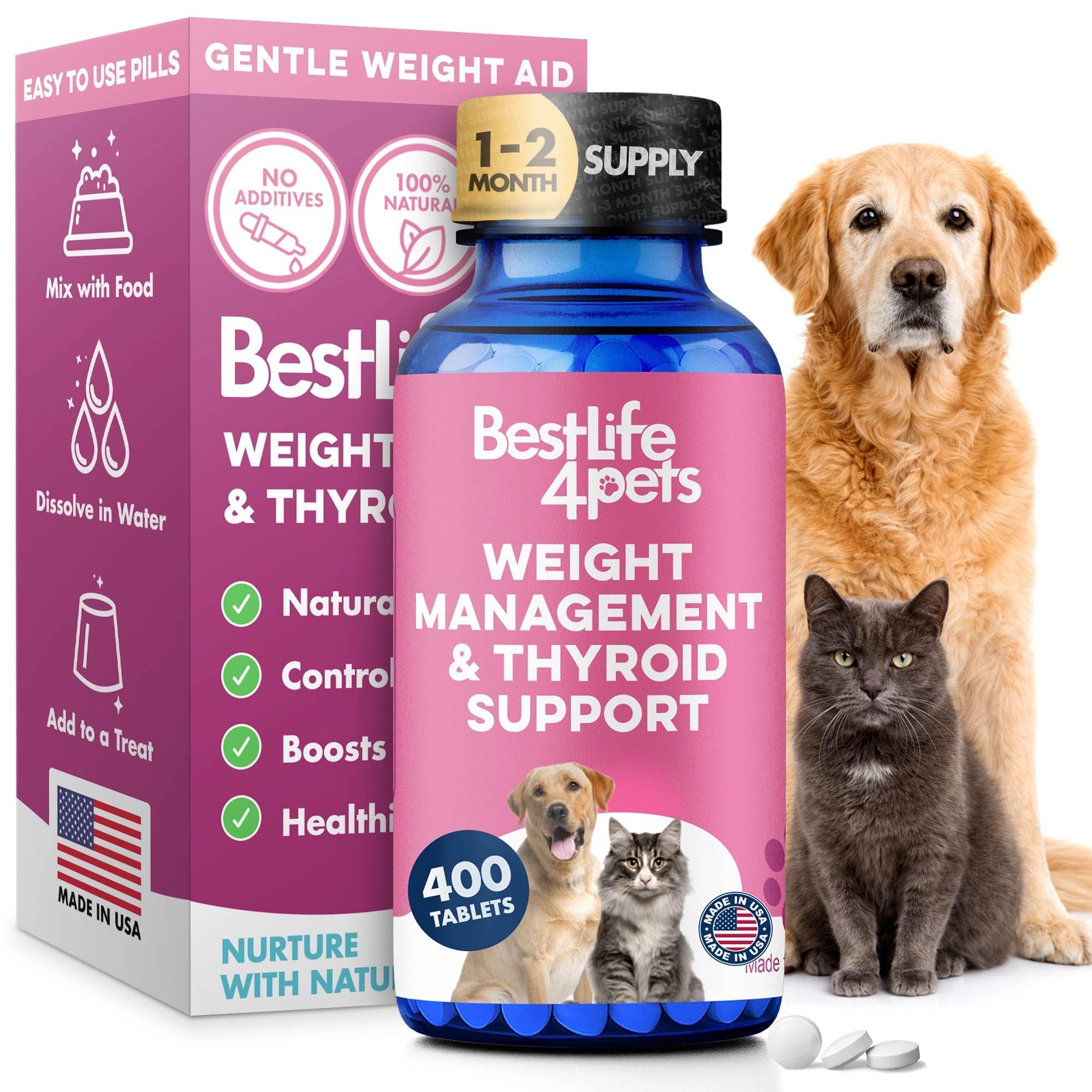 Weight Loss for Dogs and Cats Natural Thyroid Support - Gentle Metabolism Booster to Restore Vitality in Senior Or Sluggish Pets