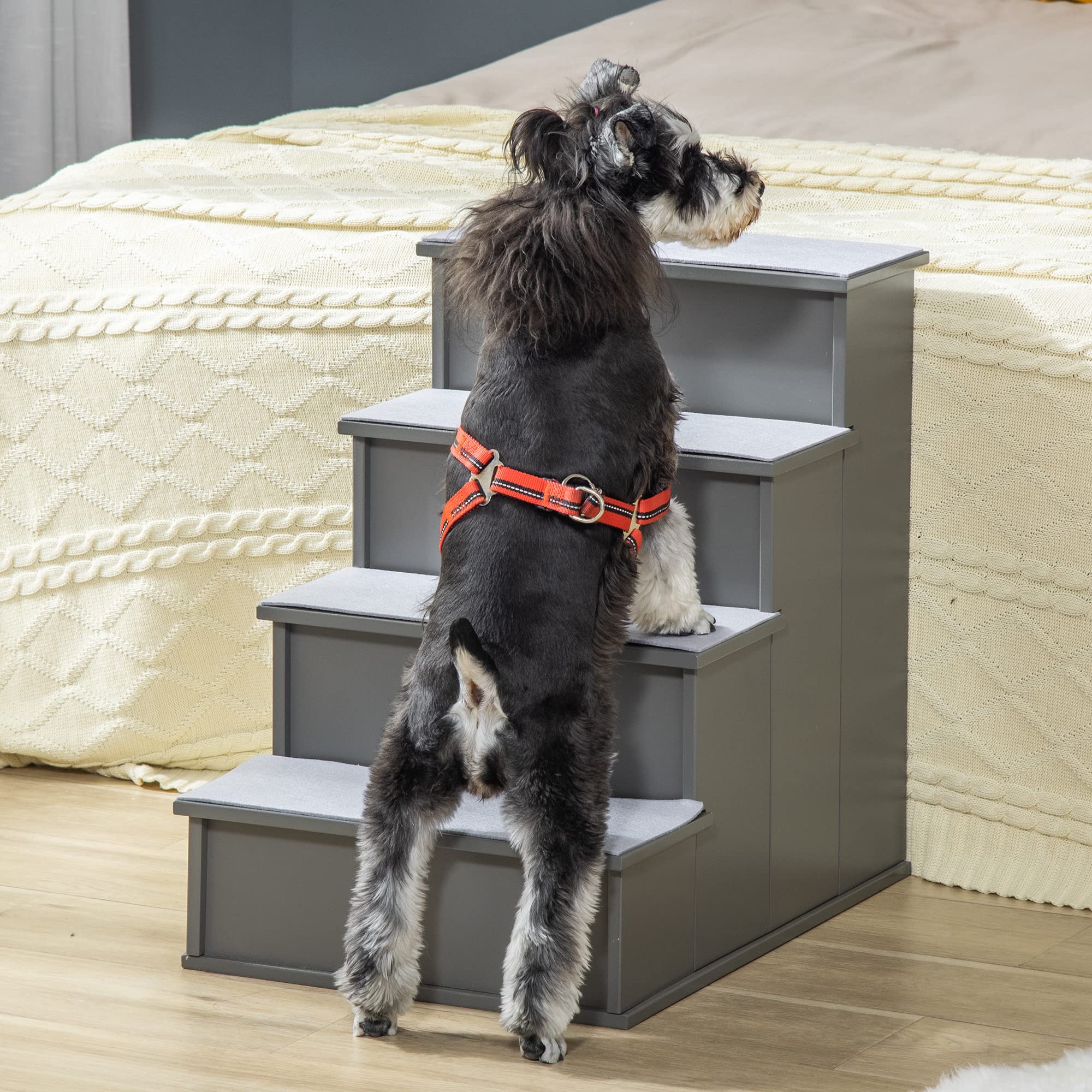 PawHut 4 Step Wooden Cushioned Pet Stairs Ramp Steps for Dogs, Cat Ladder for Bed Couch with Non-Slip Carpet, 40 x 59 x 54.2 cm,