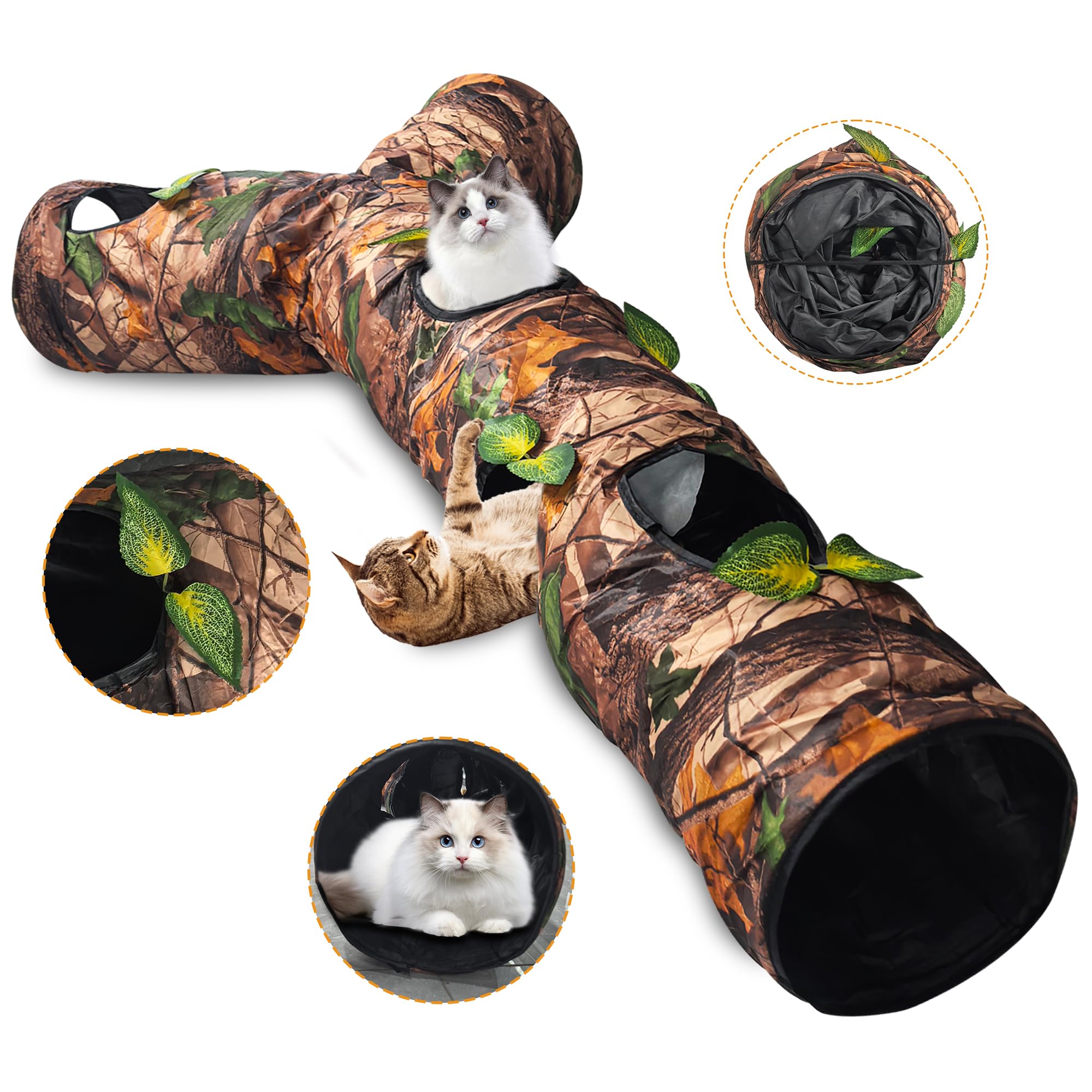 GRETMIX Cat Tunnels for Indoor Cats Large, 3 Way Cat Tunnel with 5 Holes and Leaves, Cat Tunnel Toy with Loud Paper - Pop Up Col