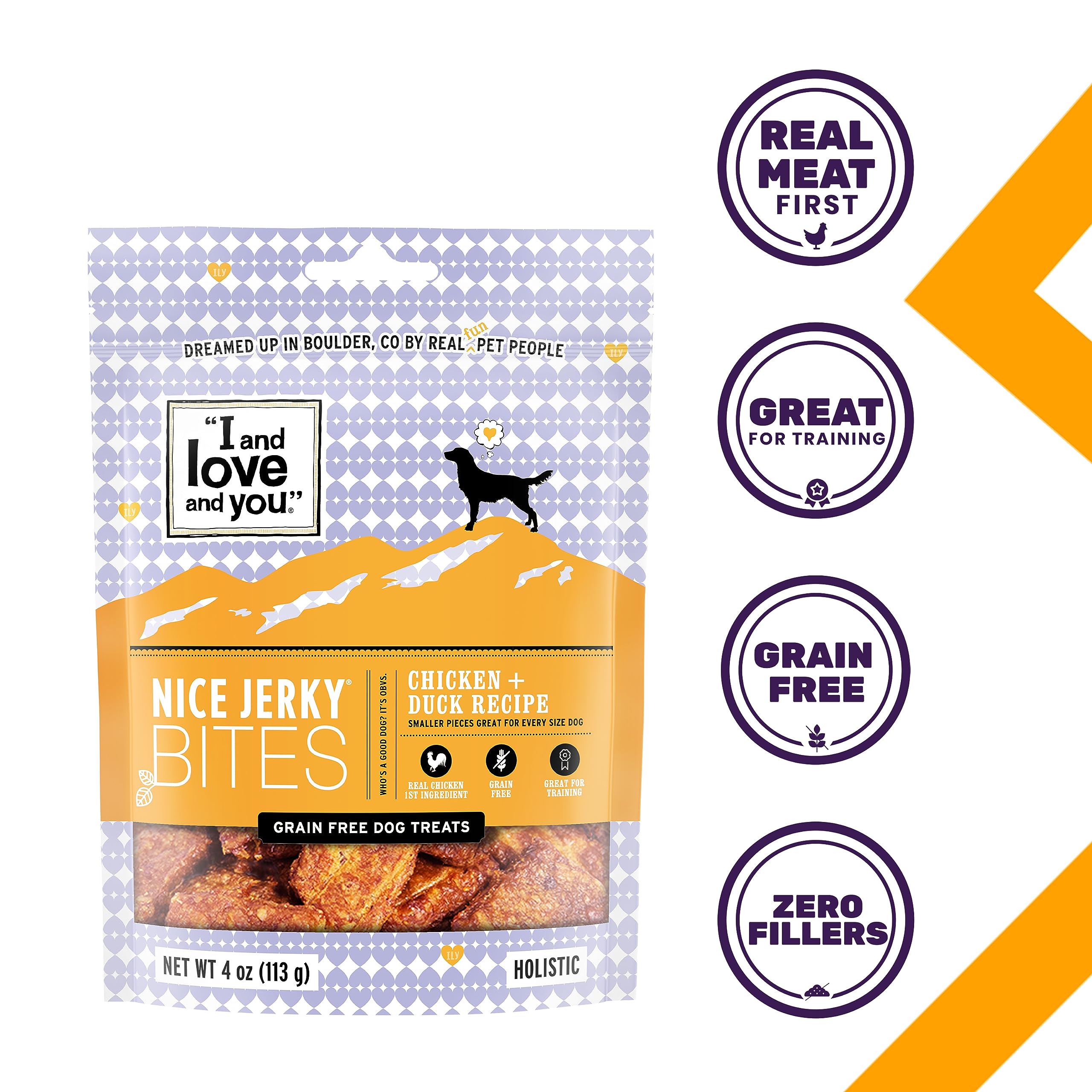 I and love and you Nice Jerky Bites - Chicken + Duck - Grain Free, Real Beef, Training Treat, Chewy Dog Treats, Filler Free, 4oz