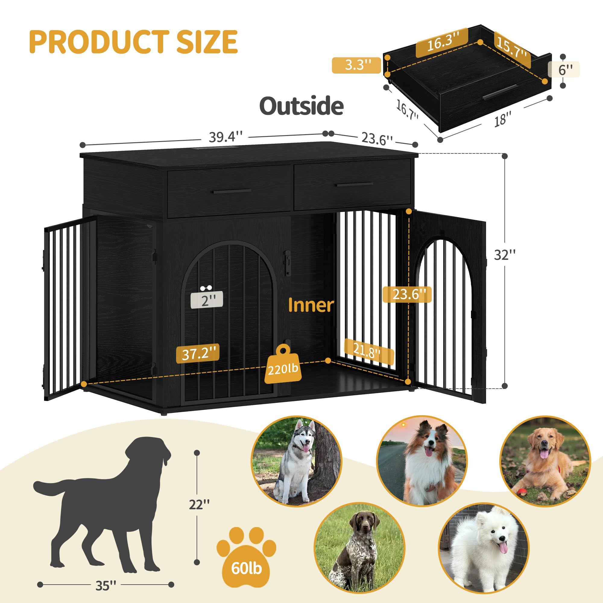 Hzuaneri 43.3 Large Dog Crate Furniture with 2 Storage Drawers, Heavy Duty Dog Kennel Indoor with Charging Station, Wooden Dog