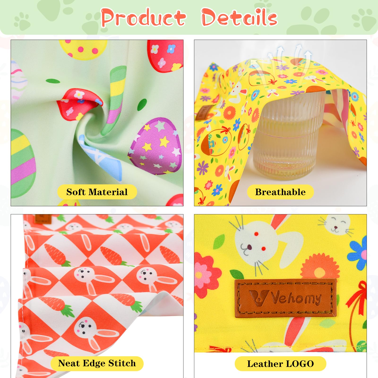 Vehomy Easter Dog Bandanas 3Pack Reversible Pet Spring Scarf Dog Triangle Scarf Puppy Rabbit Easter Egg Carrot Pattern Pet Banda