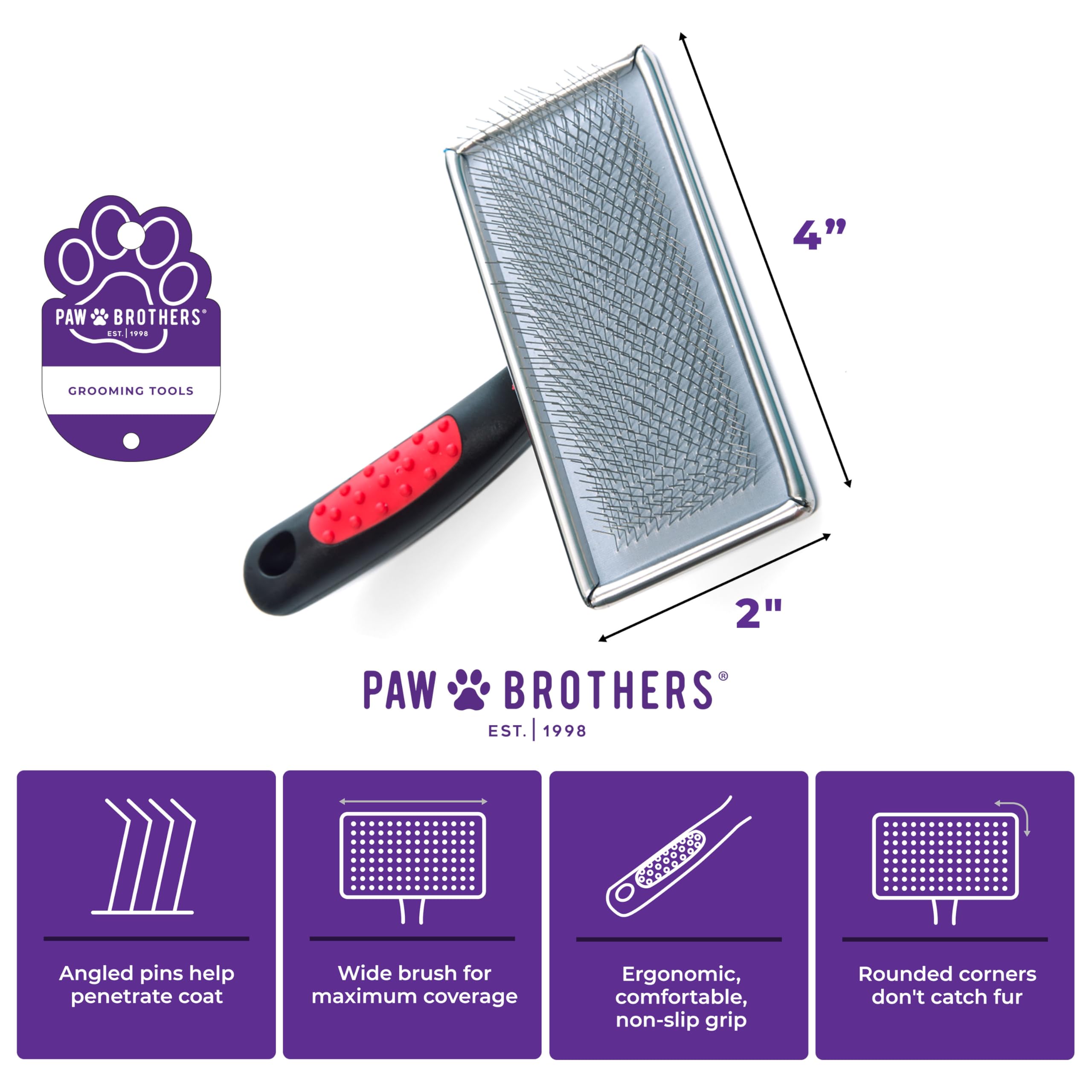 Paw Brothers Soft Pin Flat Slicker Brush For Dogs, Professional Grade Brush For Large Dogs, Coated Tips, Gentle On Skin, Remove Tangles And Mats, Maximum Coverage, Large