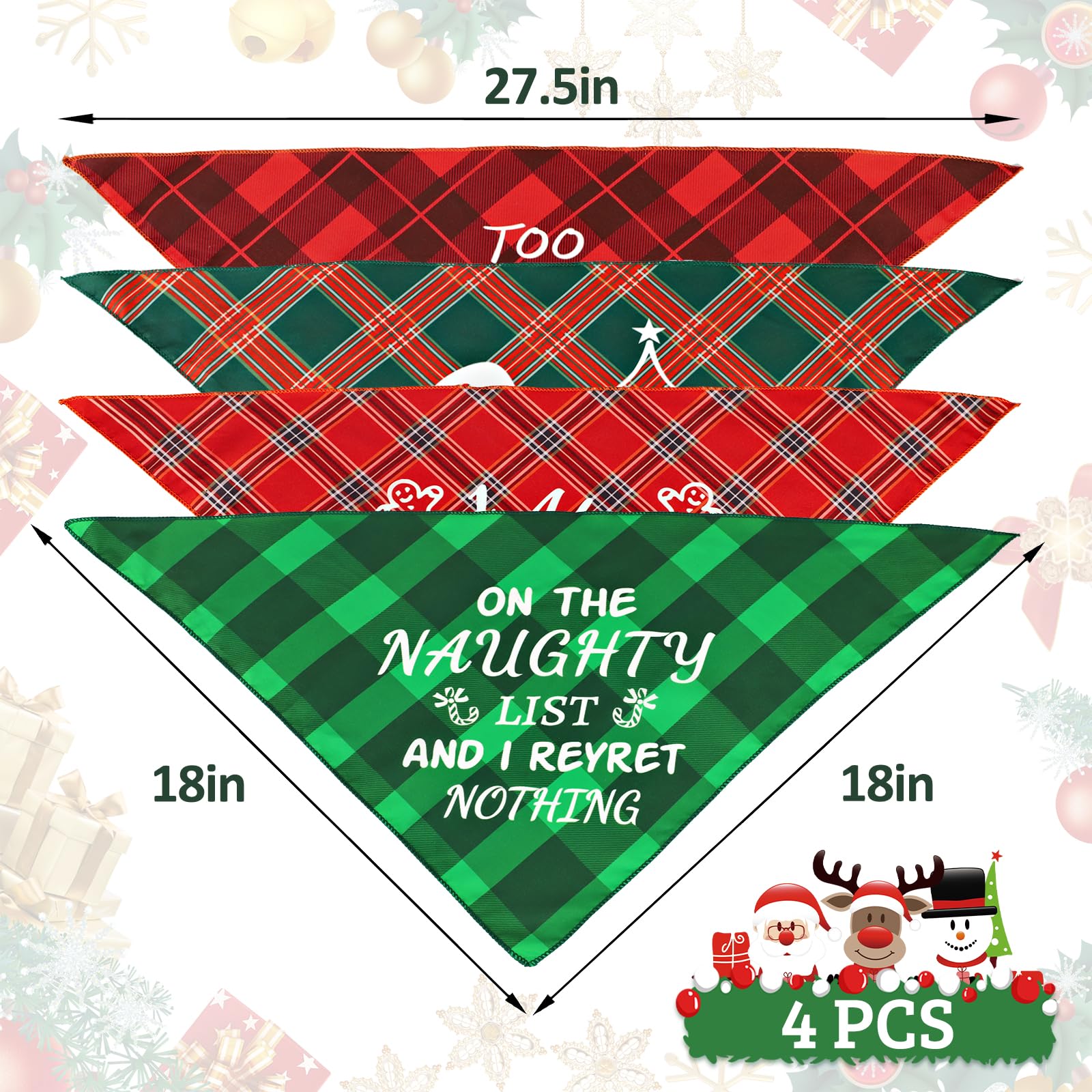 4 Pack Merry Christmas Dog Bandanas - Classic Triangle Plaid Christmas Bandanas For Dogs - Fun Pet Holiday Accessories