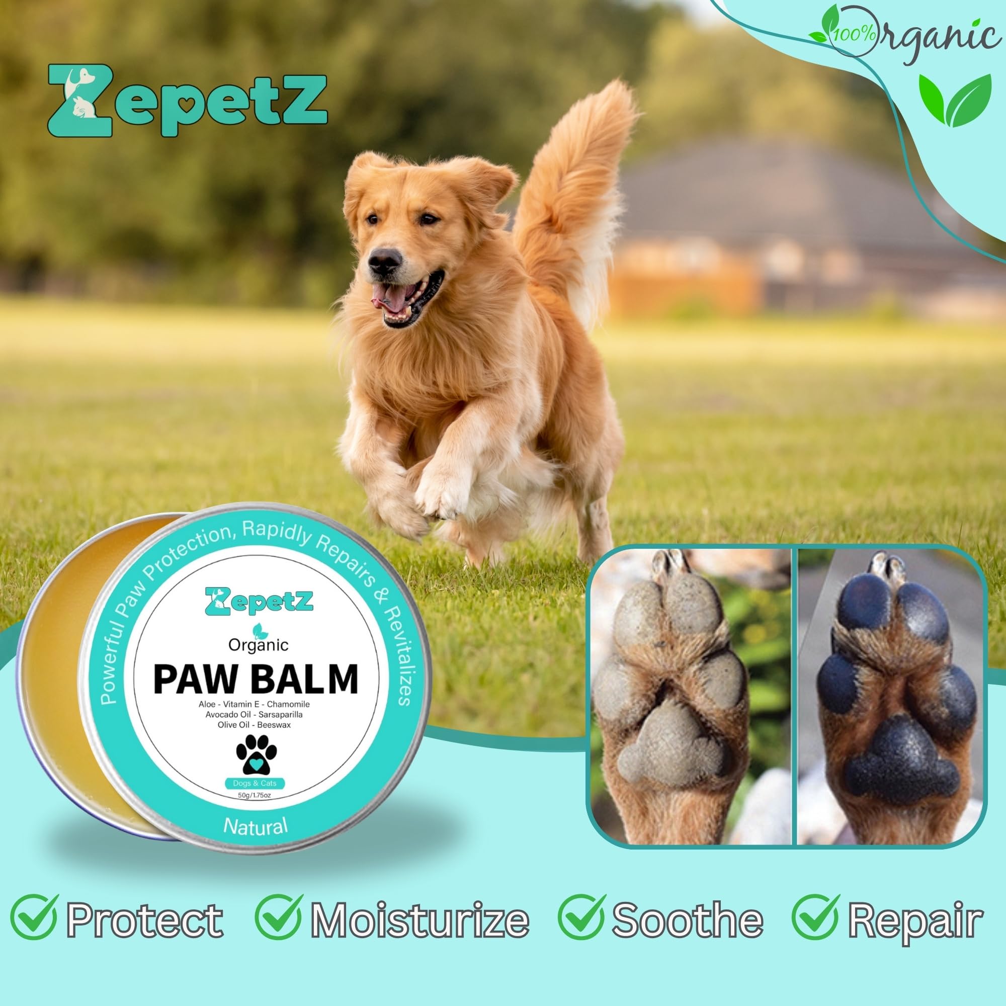 ZepetZ - Lick-Safe Organic Paw & Nose Balm for Dogs & Cats - 100% Natural, Hypoallergenic & Vegan - Heals, Protects & Restores D