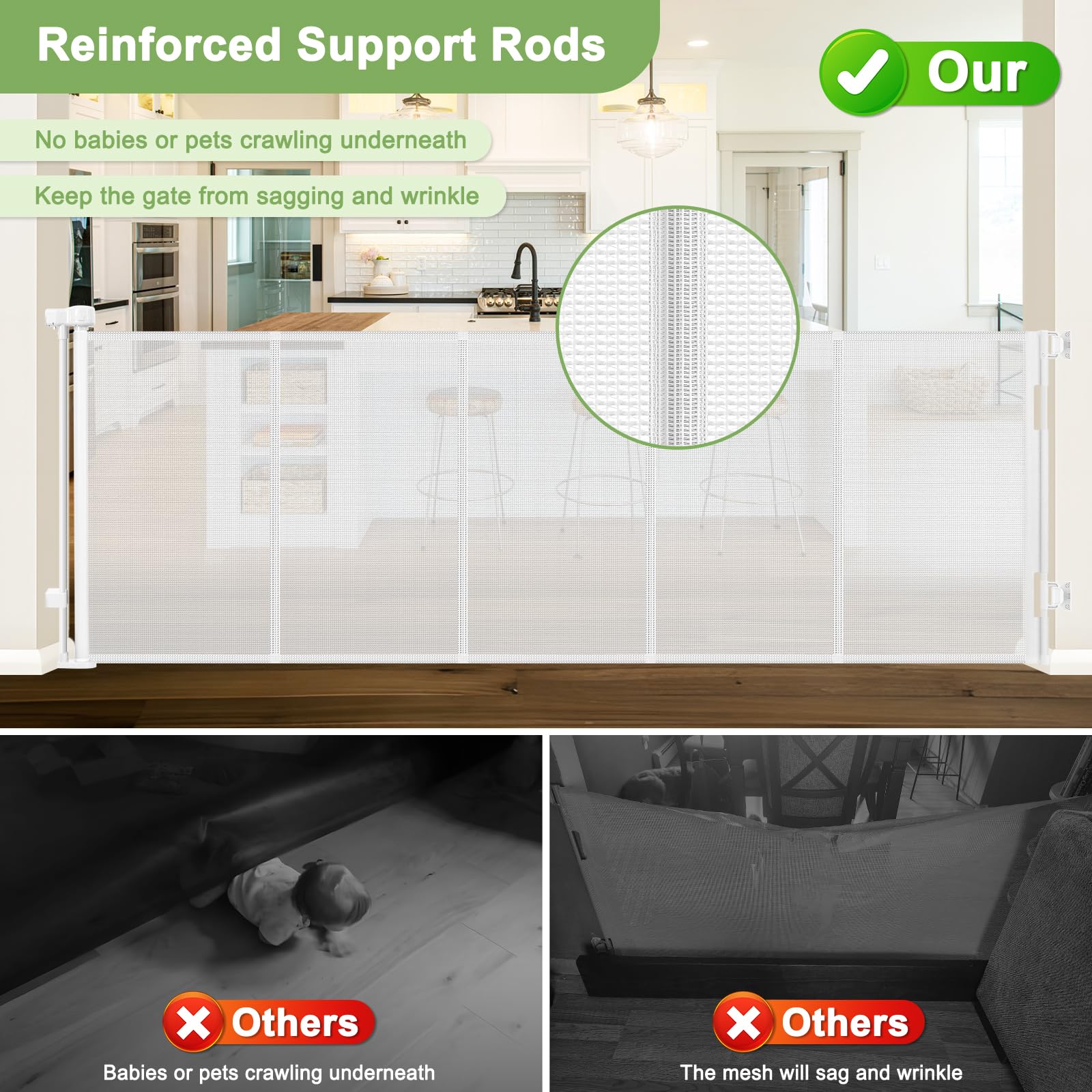 Reinforced 100 Inch Retractable Baby Gates for Doorways Extra Wide Baby Gates for Large Openings with Support Rods Retractable B
