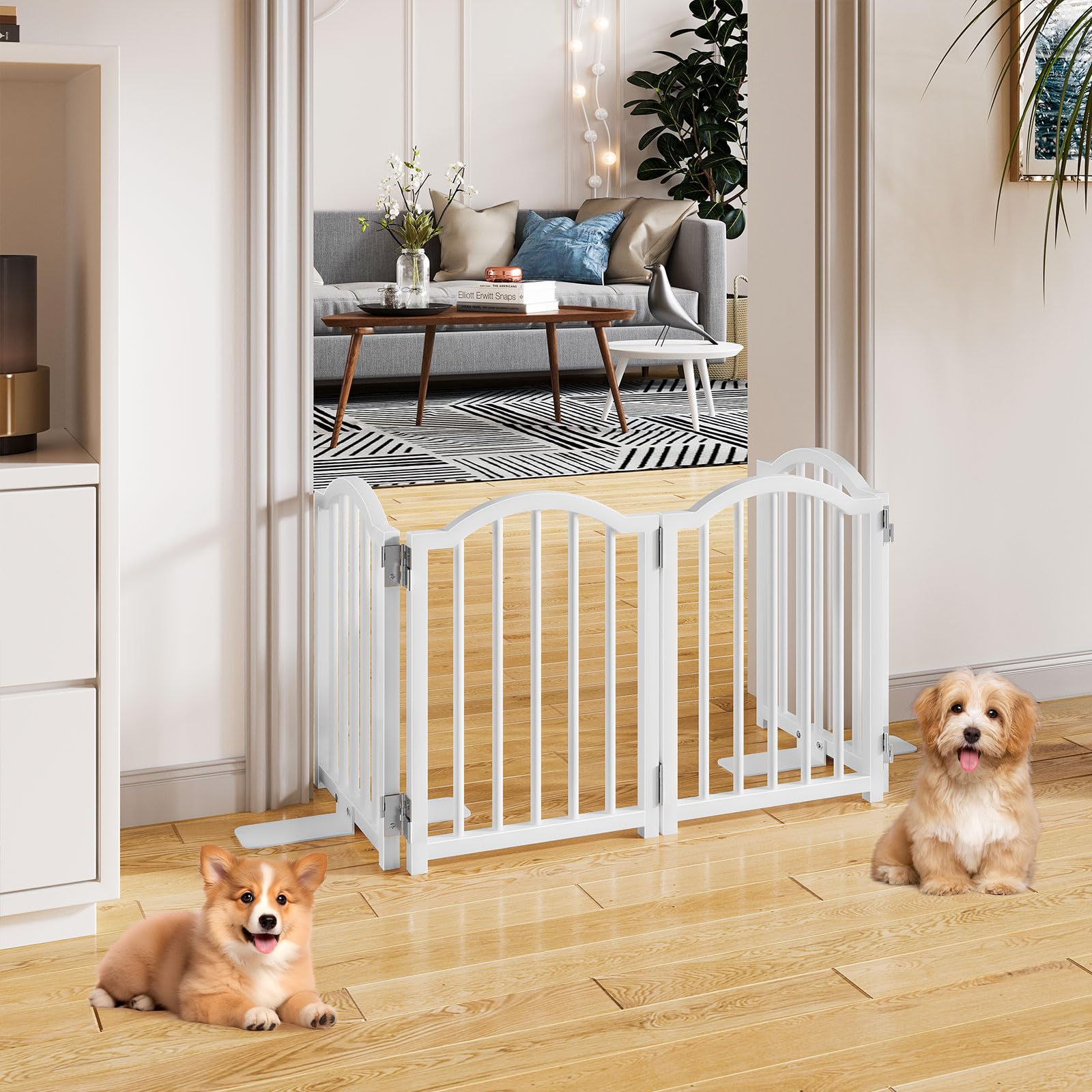 Snughome Freestanding Dog Gate - 16" High, 4 Panel, Expands to 48", Metal, White, Model 0811PSDD