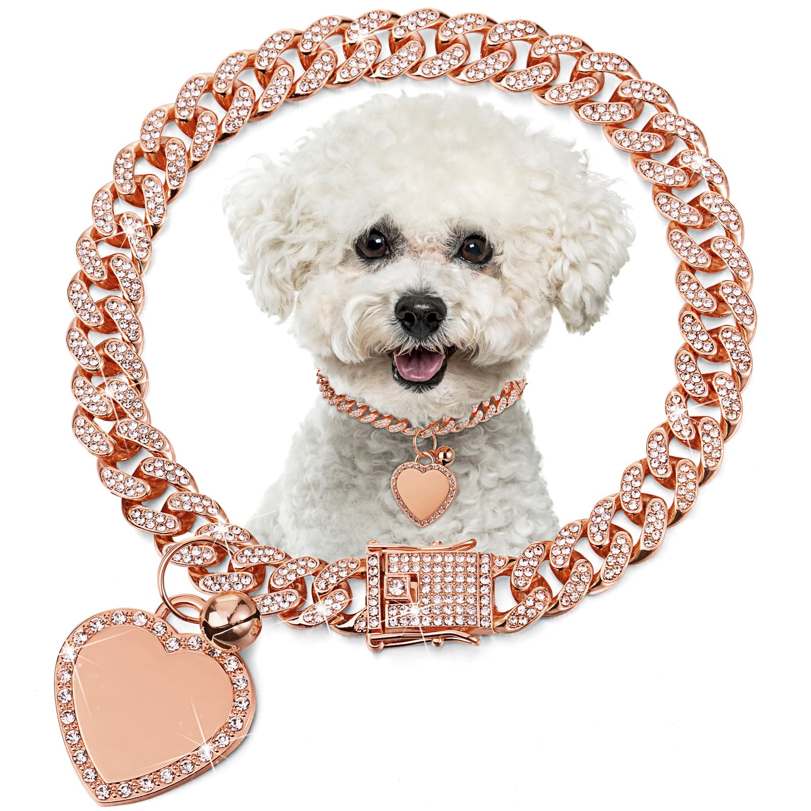 Hillban Dog Chain Gold-Plated Diamond Collar with Heart Rhinestones Jewelry Pet ID Tag Chain Heart Bling Collar with Personalize