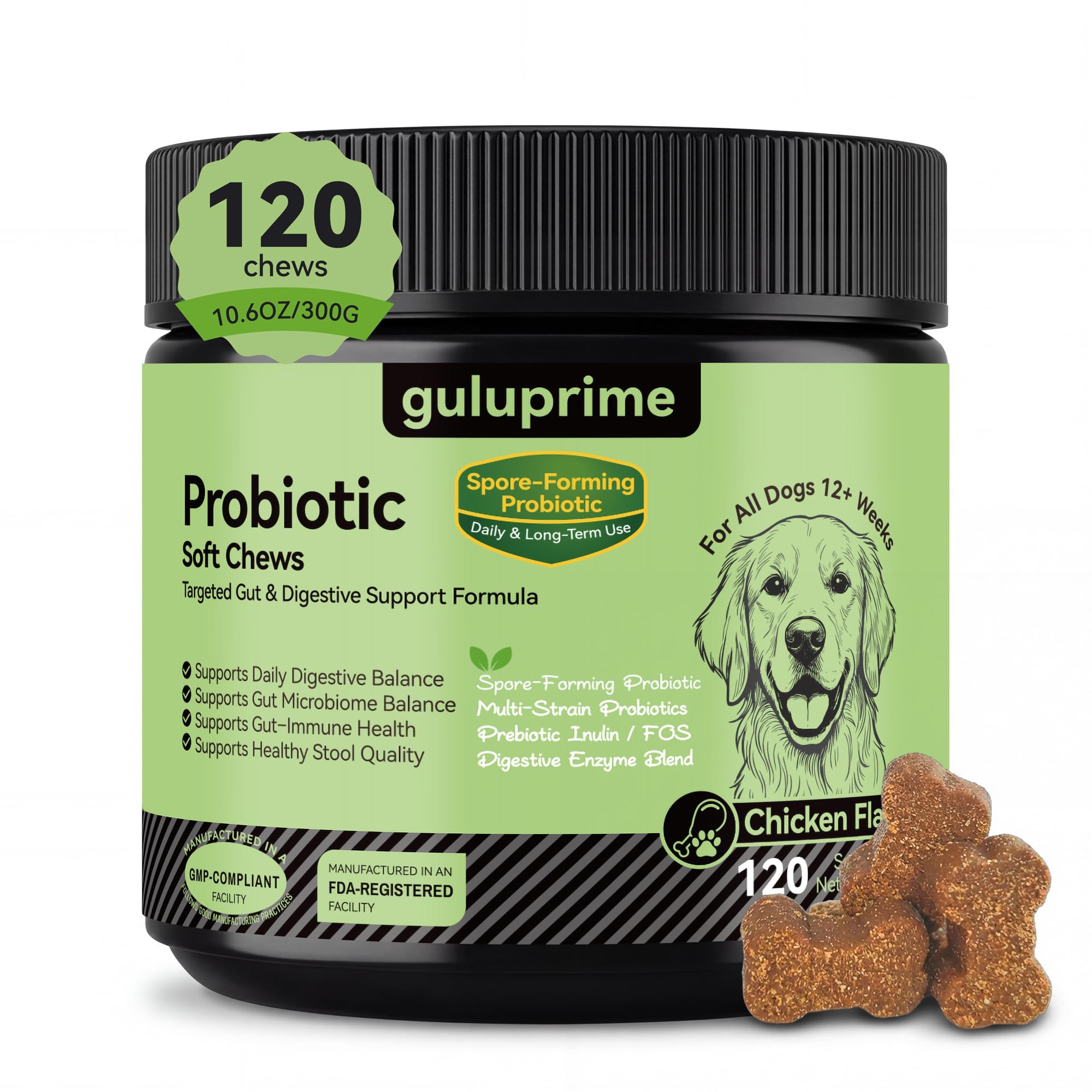 GuluPrime Probiotics for Dogs - Digestive & Gut Health Support, Dog Probiotic Chews with Spore-Forming Bacillus Coagulans, Multi