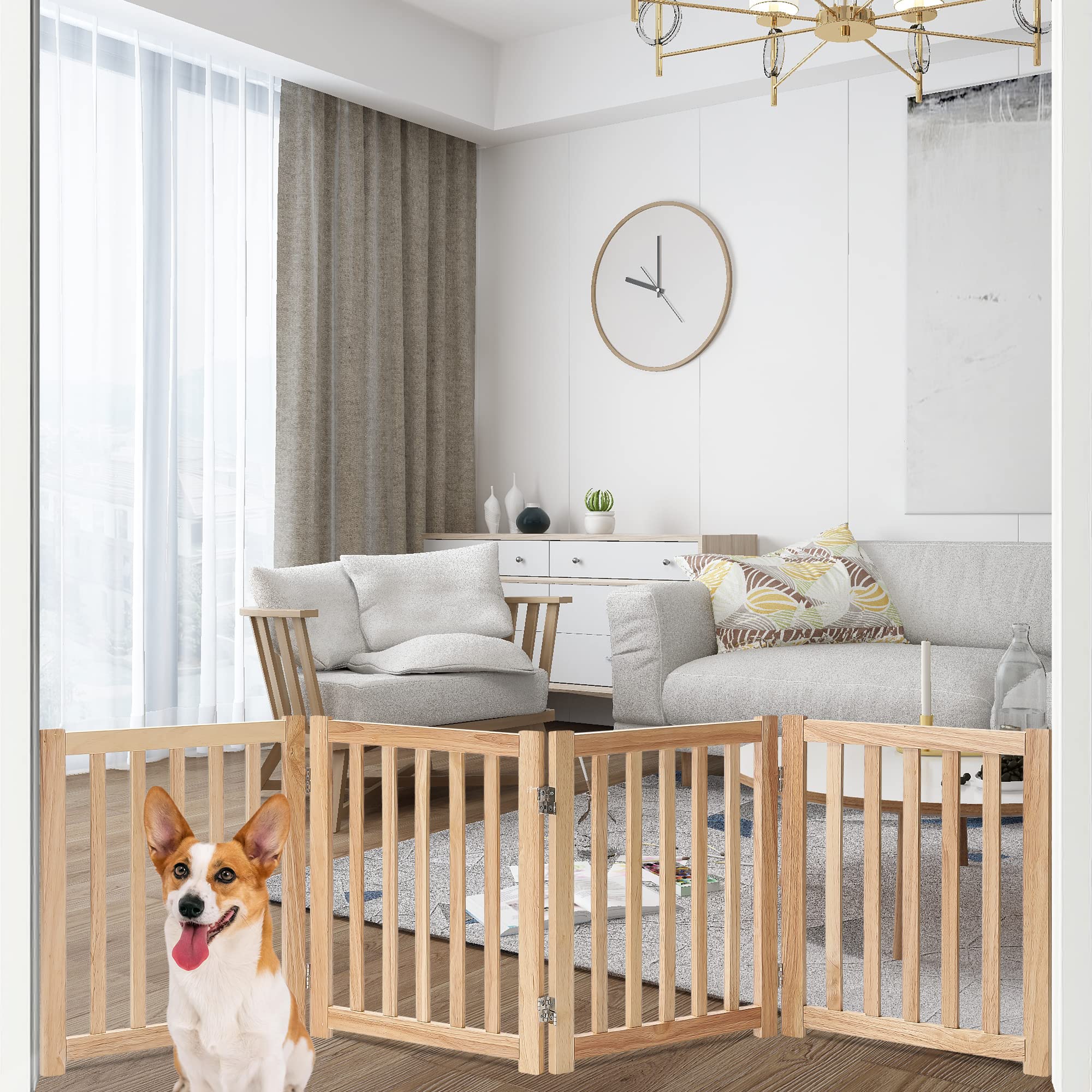 Lzrs Solid Hardwood Freestanding Pet Gate,Wooden Dog Gates For Doorways,Nature Wood Dog Gates For The House,Dog Gate For Stairs,Freestanding Indoor Gate Safety Fence,Natural,24' Height-4 Panels