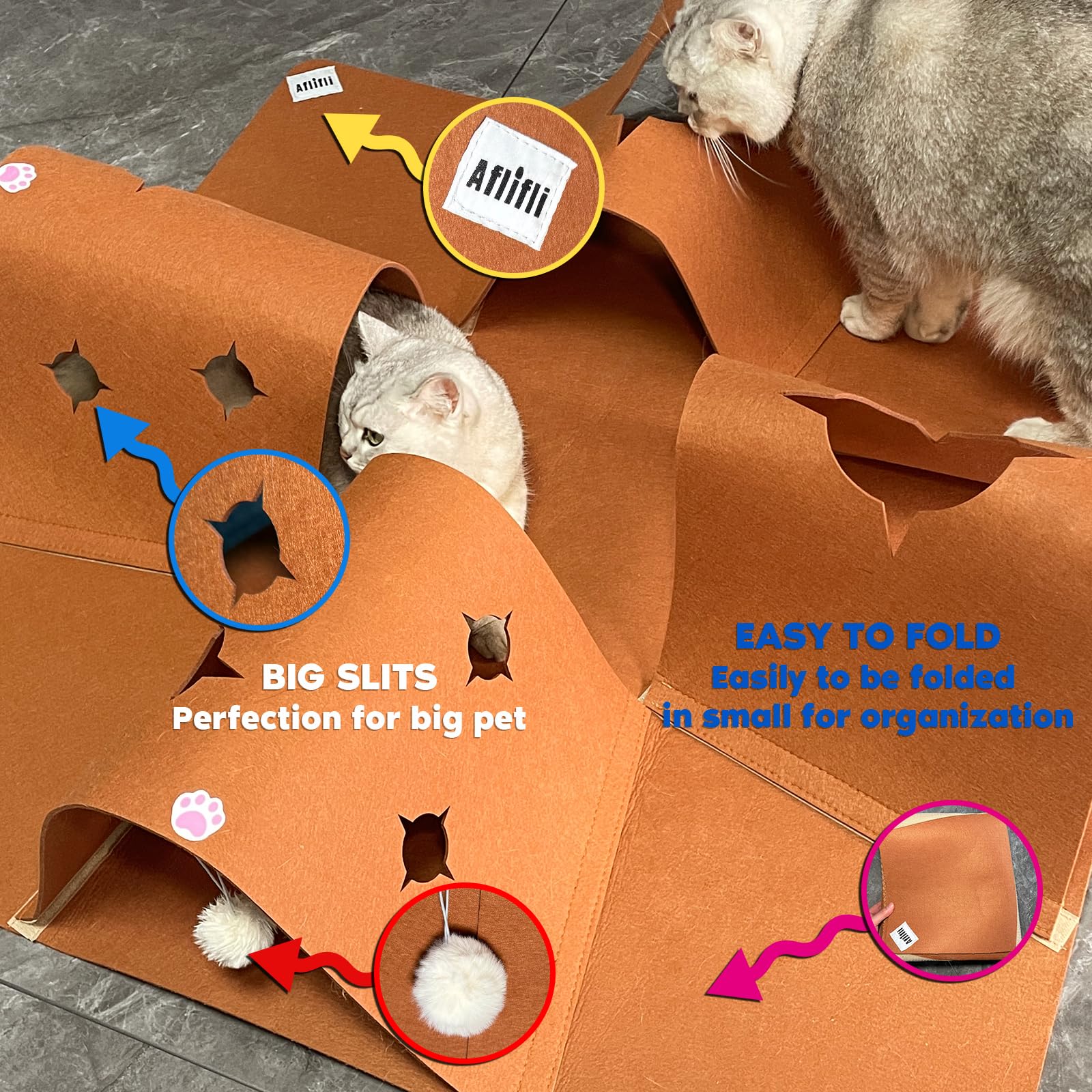 Interactive Cat Tunnel Mat For Indoor Cats, 4-Way Felt Cat Cave With Hanging Ball, Foldable Kitty Play Mat And Hideout, Pet Enri